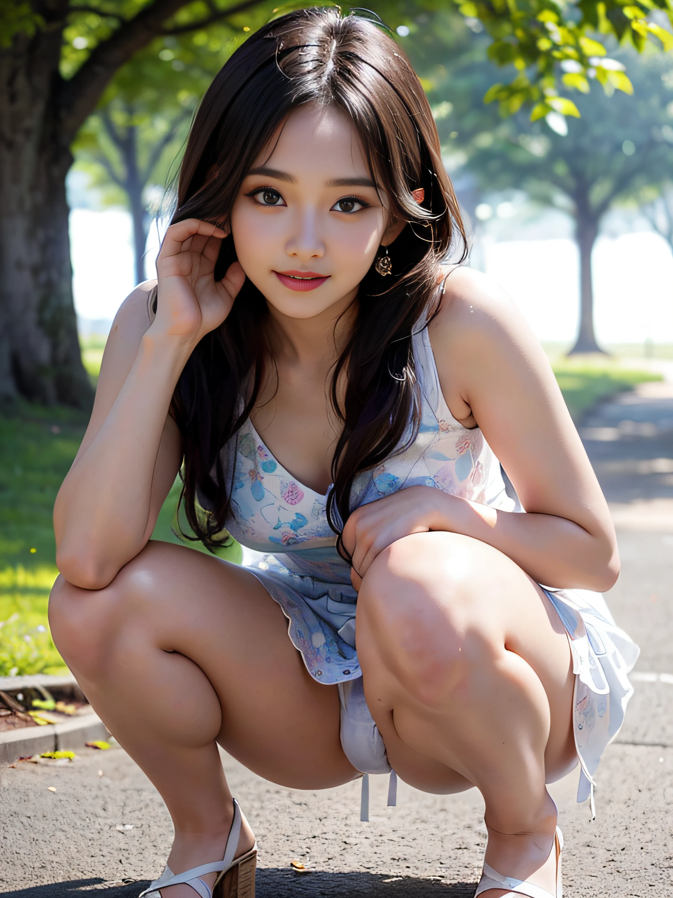 (8K high image quality), (top-quality), (RAW image quality),(masutepiece:1.2), (Realistic), (Photorealistic:1.37), largeeyes,long eyelasher,Exquisite（Live-action realistic style）,The Ultimate Face,Photorealistic light and shadow,Clear facial features,milky skin,Fair skin, highdetailskin,Realistic skin details,Visible Pore,（Super Detail）,Hair length is random, （Flowing hair）,Best portraits,Shot from a short distance, Only one girl, Cute,Beautiful detailed eyes, beautiful detailed nose, highlydetailed skin) ,(Beautiful face with double eyelids), (Realism: 1.4),excellent details, Ultra-high resolution,,,delicate and beautiful face,,25-years old,(Beautiful Face 1.4),A slender, (Wear a simple dress with a floral pattern:1.2),((In a park rich in nature)),,Natural smile,(,Looks fun),Longhaire,,((Wear a simple dress with a floral pattern)),Very beautiful legs,(((squatting on viewer))),((Smile at your audience)),The color of the panties is white,Very attractive smile,Sit with both knees upright,((Squatting down to show off her white panties)),(((Squats with legs slightly spread))),Gesture of putting a hand on the cheek