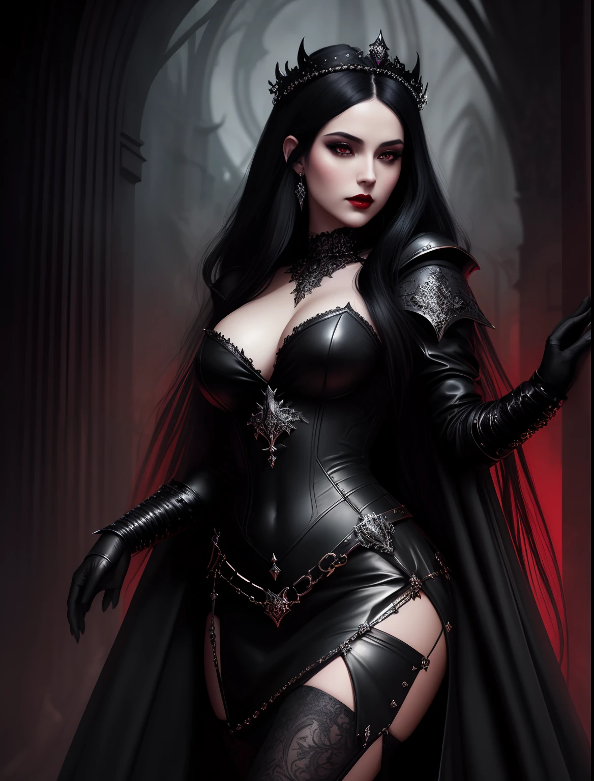 close up of a beautiful Gothic queen in a tight black leather dress, fair skin, long black hair, shiny hair, dark red lips, dark fantasy style art, gothic fantasy art, dark fantasy art, dark fantasy portrait, in style of Greg rutkowski, dark fantasy mixed with realism, beautiful queen, gothic maiden of the dark, fantasy dark art, dark fantasy style, dark fantasy digital art, beautiful elegant queen, Artgerm, hyperdetailed intricately detailed gothic art trending on artstation triadic colors, 8K Resolution