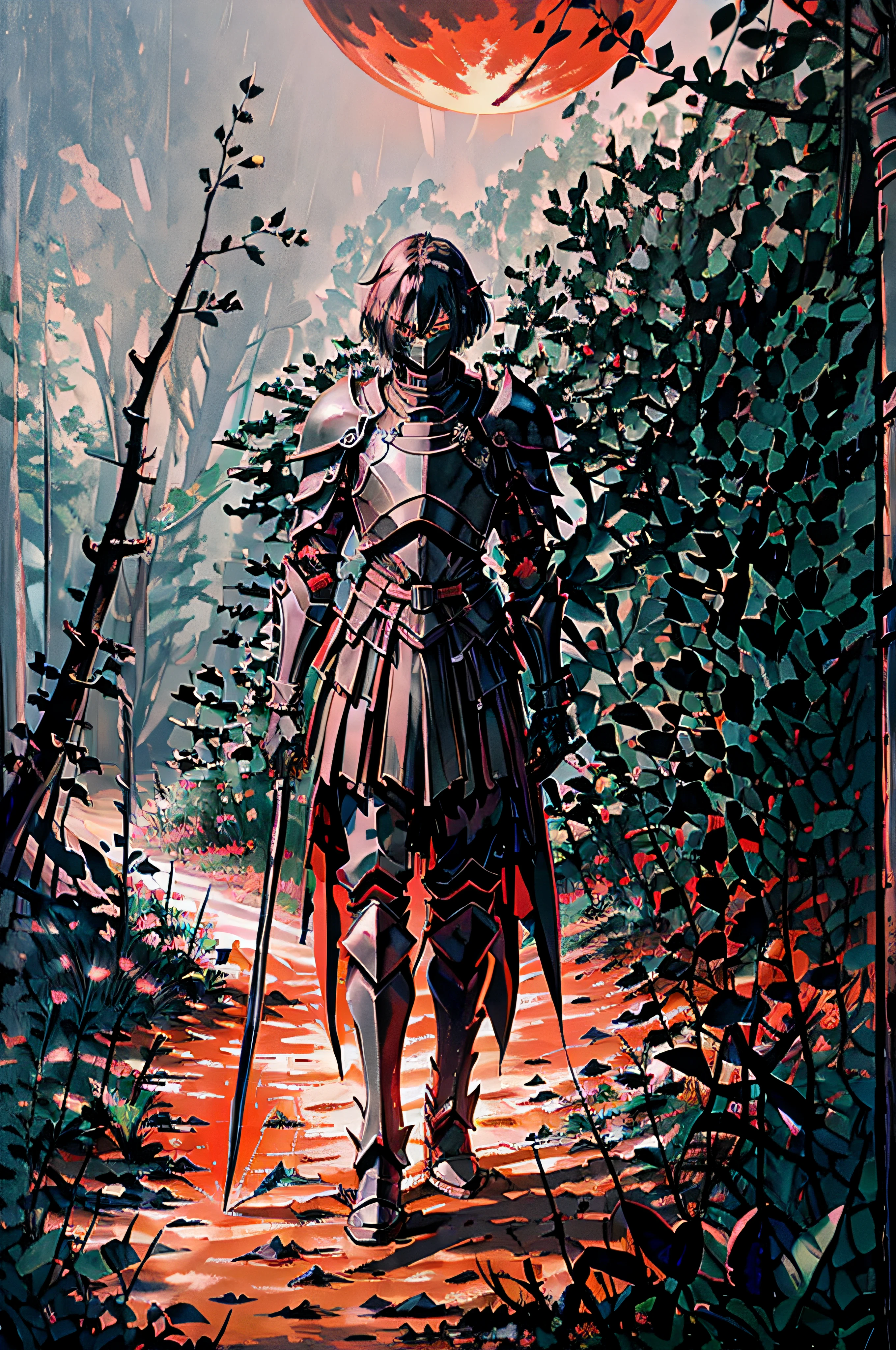 Create a knight in all-black armor with a black bastard sword at his waist on top of a black horse walking down a dirt path through the middle of a dark forest with a red moon under the dark blue sky