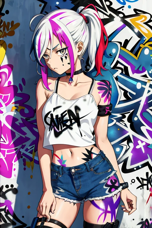 absurdres, best quality,1girl, solo, streaked hair, crop top, denim shorts, choker, (graffiti:1.5),  paint splatter, arms behind back, (slouching), leaning back, against wall, (leaning to the side:0.25), looking at viewer, armband, thigh strap, streaked hair, paint on body, upturned eyes, head down, head tilt, (from side:0.75), bored, (expressionless:0.75)