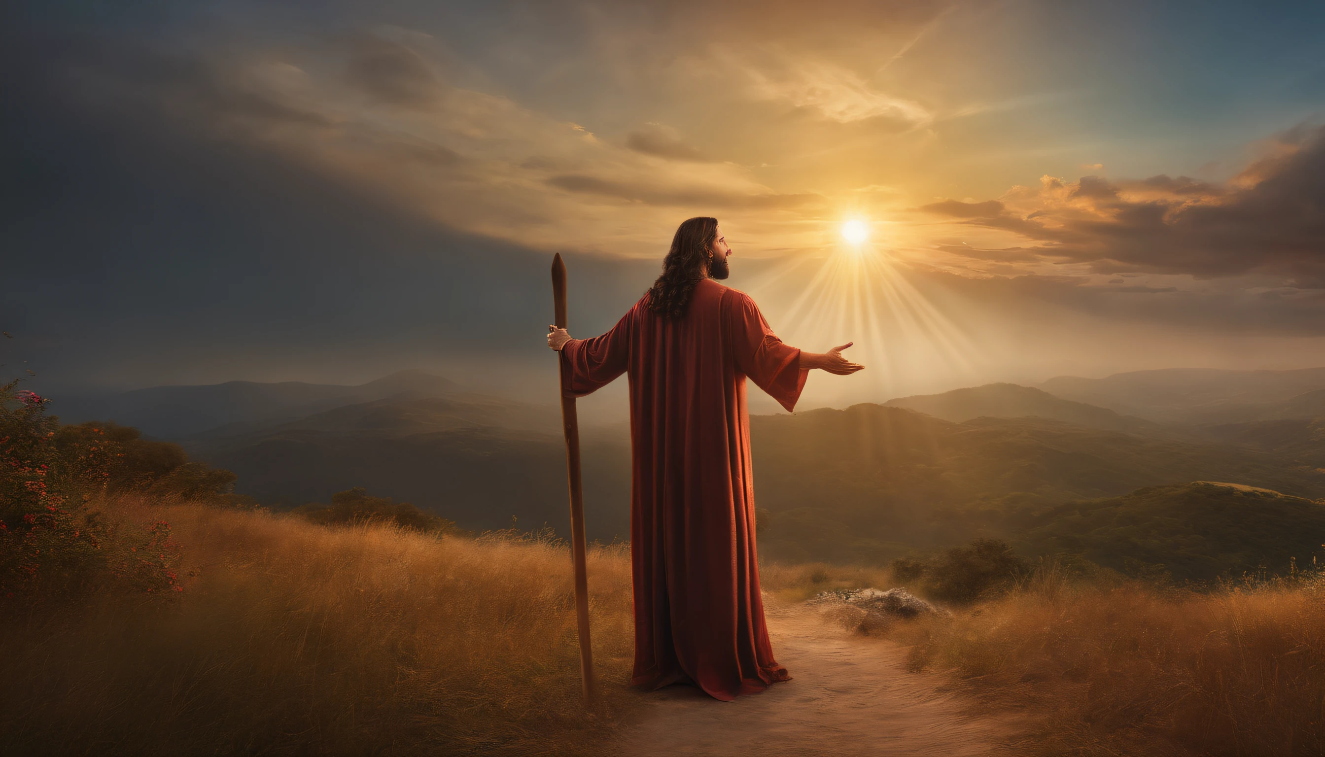 (melhor qualidade,4k,8k,Alto,master part:1.2),ultra-detalhado,(Realistic,fotorrealista,photo-realistic:1.37),Jesus Cristo,Estilo de arte tradicional,vivid and dynamic brushstrokes,Ancient playful setting ,Charismatic expression,Postura Humilde,historic portrait,Noble features,estilo de pintura de tinta e lavagem,finely detailed facial features,dynamic compositing,Paradisiacal scenery,olhar confiante,,ambiente com Luz do sol dourada iluminando a cena,Angelic Aura,atmosphric perspective,Explosive lighting,Jesus with open arms at sunrise