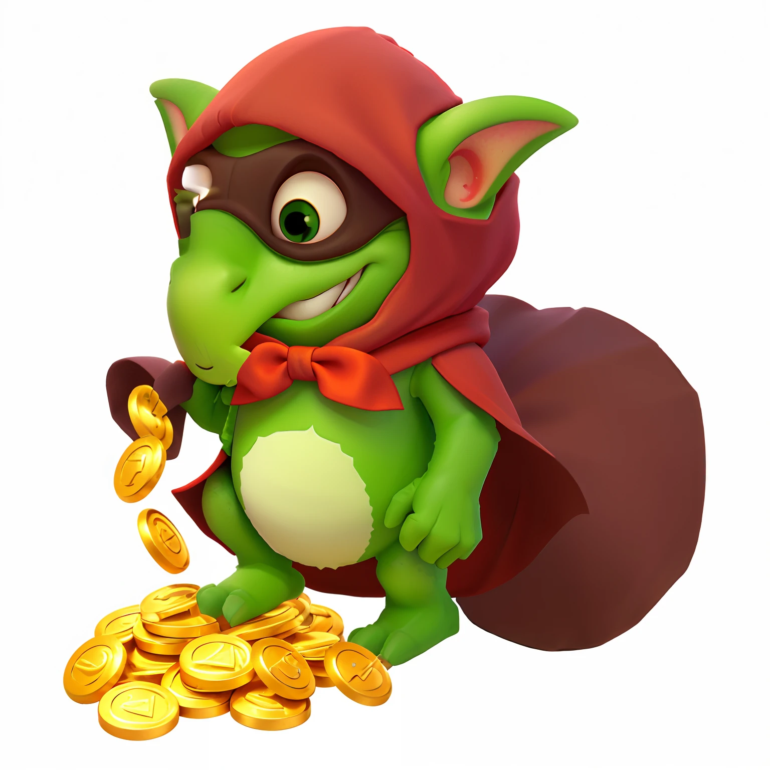 Draped in a red cloak and a pile of gold coins, drak fantasy goblin, super rich happy pepe, goblin, a goblin pirate, thief red riding hood, goblin art, anthropomorphic turtle hero, With many gold coins, goblin girl dnd character, grogu, Little ghost, isometric 3d fantasy turtle