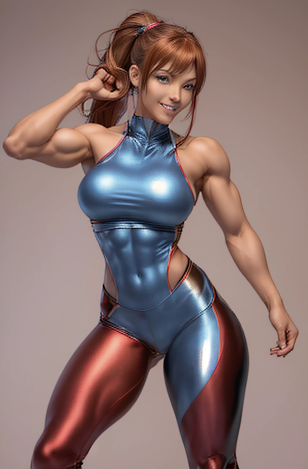 Female Fitness Model、Metallic Red Workout Wear、Tight long pants、breasts so big that they are about to burst、thin and long legs、musculature、Mixed Japan and American、25-years old、Height 175cm、Outstanding athleticism、cheely smile、Blue eyes、Red hair、poneyTail、glistning skin、Blue eyes、posing ready for a fight、fighting poses、full-body view