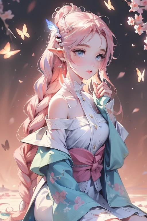 Best quality, highly detailed, perfect masterpiece, ultra detailed, (reality, official art: 1.2), 1 girl, (white background, cherry blossoms and butterflies blowing in the wind), simple background, delicate eyes, pink hair, blue eyes, long detailed eyelashes, hair_ornament, (white off-the-shoulder shirt: 1.3), long hair, pointy_ears, crown_braid, expressionless, straight hair, (++ sitting: 1.2), room,