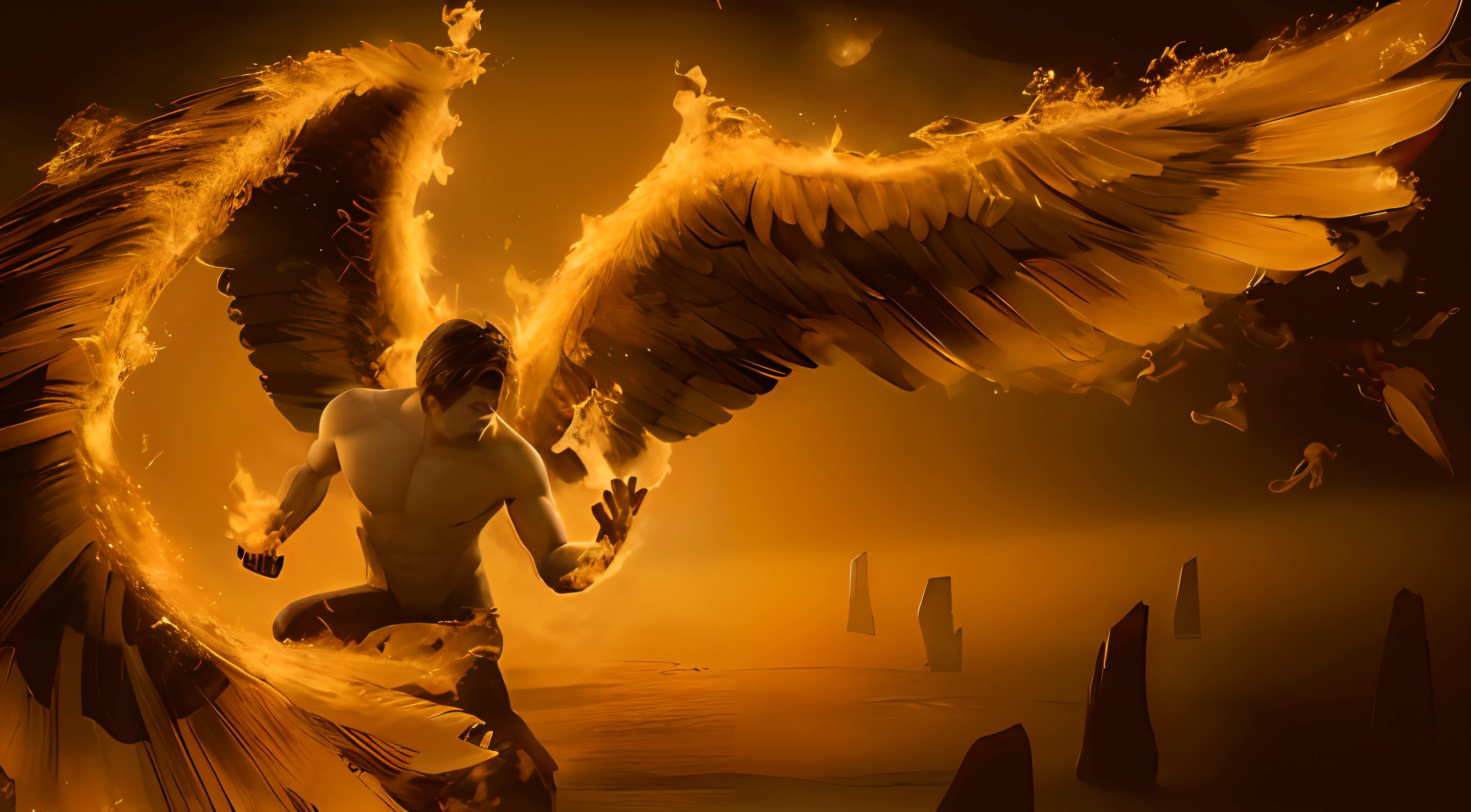 brad pitt com asas em chamas, phoenix rising from the ashes, com asas douradas ardentes de chama, Anjo no inferno, phoenix rising, phoenix in fire, para compreender o inferno ou ir angelical, com asas douradas ardentes, para compreender o inferno ou voar angelical, asas em chamas, holy flame spell, Asas de Fogo, phoenix warrior, fire behind him
