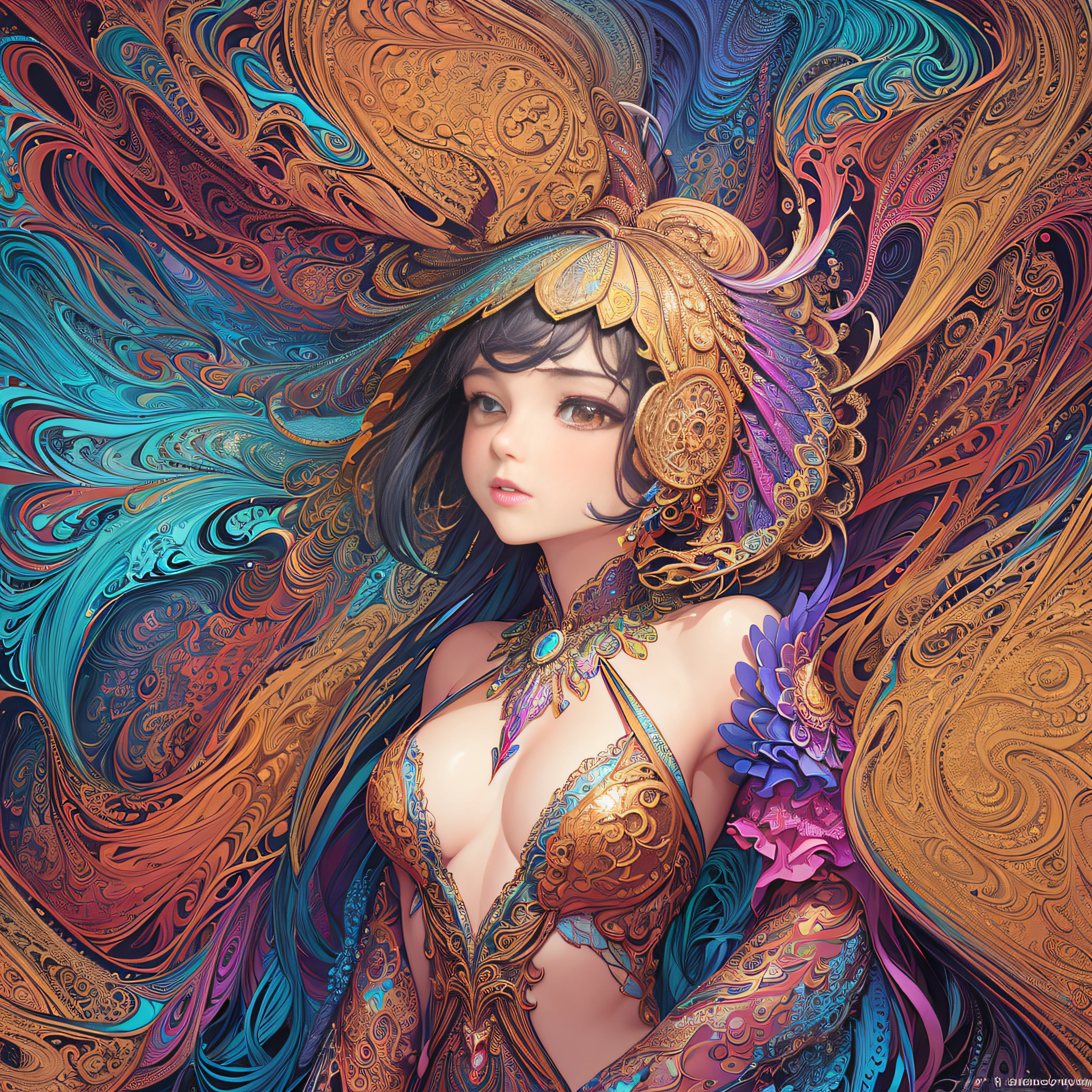 (masterpiece, top quality, best quality, official art, beautiful and aesthetic:1.2), (1girl:1.3), extremely detailed,(fractal art:1.2),colorful,highest detailed,(zentangle:1.2), (dynamic pose), (abstract background:1.5), (treditional dress:1.2), (shiny skin), (many colors:1.4), upper body