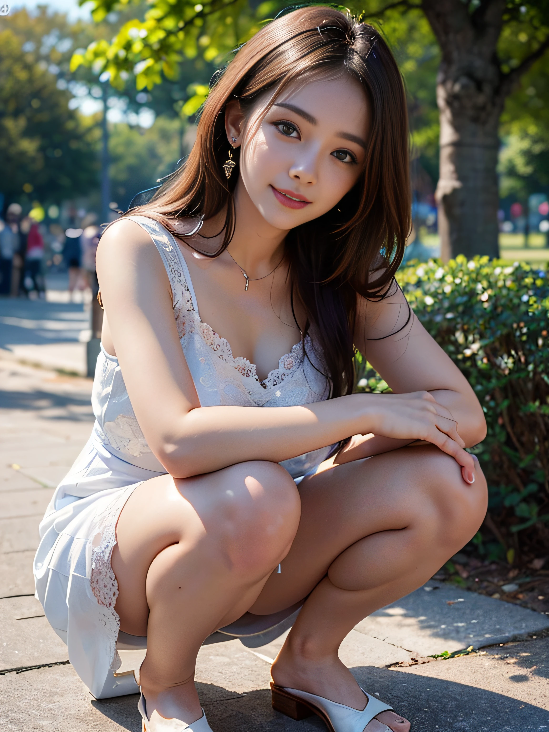 (8K high image quality), (top-quality), (RAW image quality),(masutepiece:1.2), (Realistic), (Photorealistic:1.37), largeeyes,long eyelasher,Exquisite（Live-action realistic style）,The Ultimate Face,Photorealistic light and shadow,Clear facial features,milky skin,Fair skin, highdetailskin,Realistic skin details,Visible Pore,（Super Detail）,Hair length is random, （Flowing hair）,Best portraits,Shot from a short distance, Only one girl, Cute,Beautiful detailed eyes, beautiful detailed nose, highlydetailed skin) ,(Beautiful face with double eyelids), (Realism: 1.4),excellent details, Ultra-high resolution,,,delicate and beautiful face,,25-years old,(Beautiful Face 1.4),A slender, (Wear a simple dress with a floral pattern:1.2),((In a park rich in nature)),,Natural smile,(,Looks fun),Longhaire,,((Wear a simple dress with a floral pattern)),Very beautiful legs,(((squatting on viewer))),((Smile at your audience)),The color of the panties is white,Very attractive smile,Sit on one knee upright,((Sit down and show off your white panties)),(((Sit with your legs slightly spread apart))),