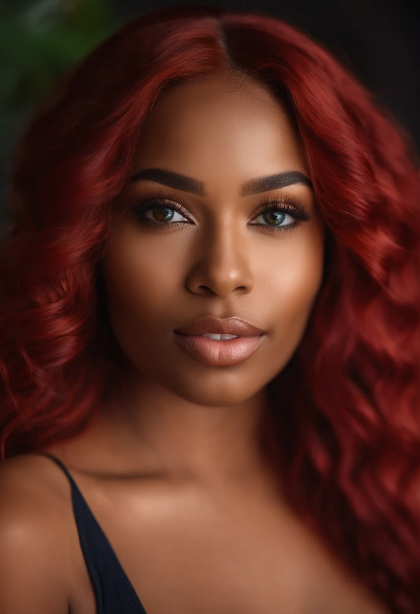 beautiful black and irish gorgeous instagram model, young 27 years old, caramel skin, wearing lingerie and vibrant red hair, blue and green eyes, gorgeous features, close up, vibrant red body wave hair, radiant skin, soft lighting, diffused glow, most realistic, real quality, nikon d850, 85mm lens, high resolution –v 5