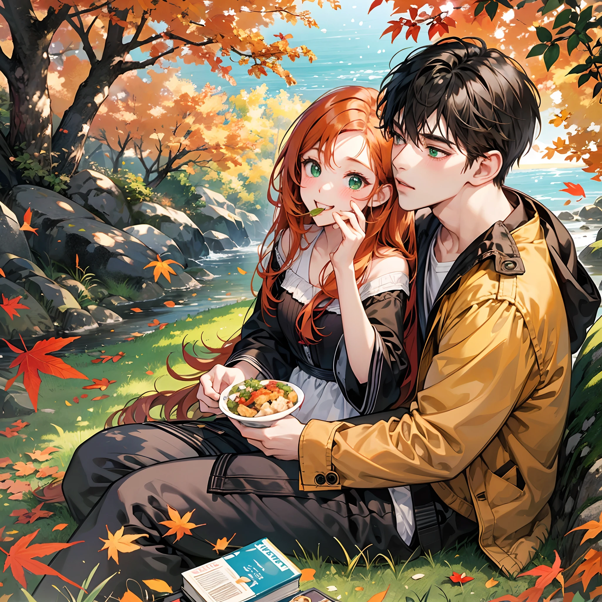 Romantic picnic at a riverbank in autumn. Orange leafs are falling down into two characters. One is a cute anime girl with ginger long hair and with green eyes. The other is a cute anime man with brown short hair. They are feeding each other food. They are kissing each other. The woman is happy and blushing.