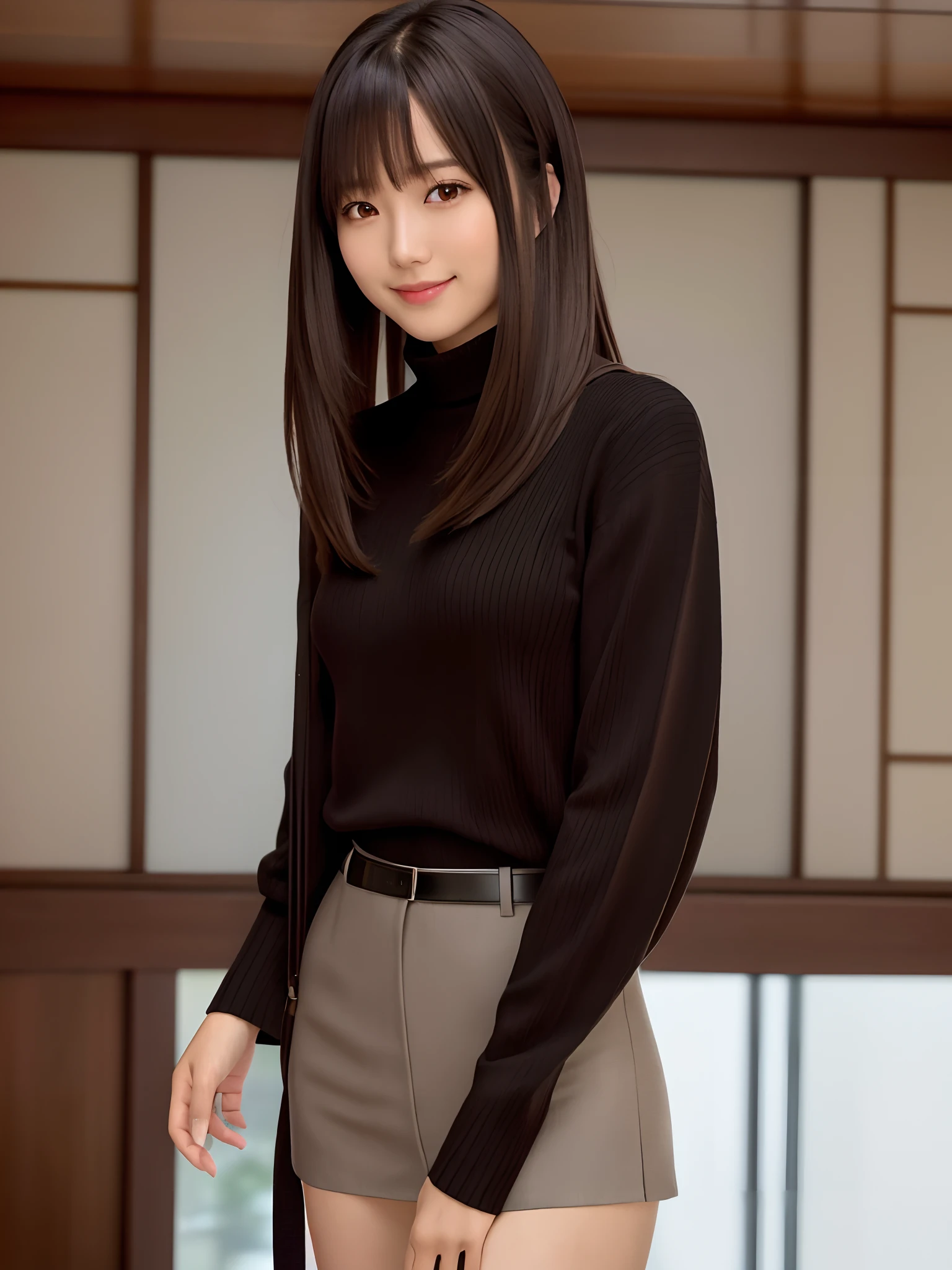mastepiece, 1 girl per 1 photo, cowboy shot, front view, a Japanese young pretty girl, long bob hair, standing in front of a beautiful morning view with a big smile in a room of a luxury hotel, black turtleneck sweater, satin panties, hyper cute face, glossy lips, double eyelids for both eyes, natural makeup, shiny smooth light brown hair of long bob hair, asymmetrical bangs, high resolution, high detail, detailed hairstyle, detailed face, cinematic lighting, octane rendering, hyper realistic, perfect limbs, perfect anatomy