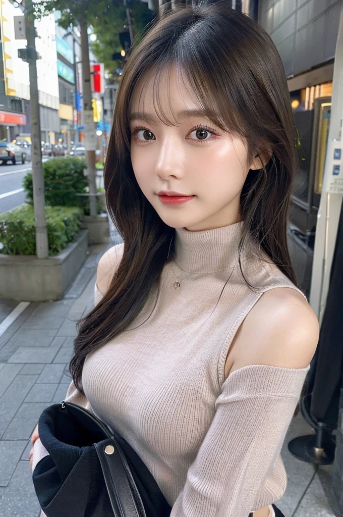 (huge tit、Turtleneck knitwear、Shoulder Bag)、(top-quality,​masterpiece:1.3,超A high resolution,),(ultra-detailliert,Caustics),(Photorealsitic:1.4,RAW shooting,)Ultra-realistic capture,A highly detailed,high-definition16Kfor human skin、 Skin texture is natural、、The skin looks healthy with an even tone、 Use natural light and color,One Woman,japanes,,kawaii,A dark-haired,Middle hair,(depth of fields、chromatic abberation、、Wide range of lighting、Natural Shading、)、(Hair swaying in the wind:1.2)、Streets of Tokyo