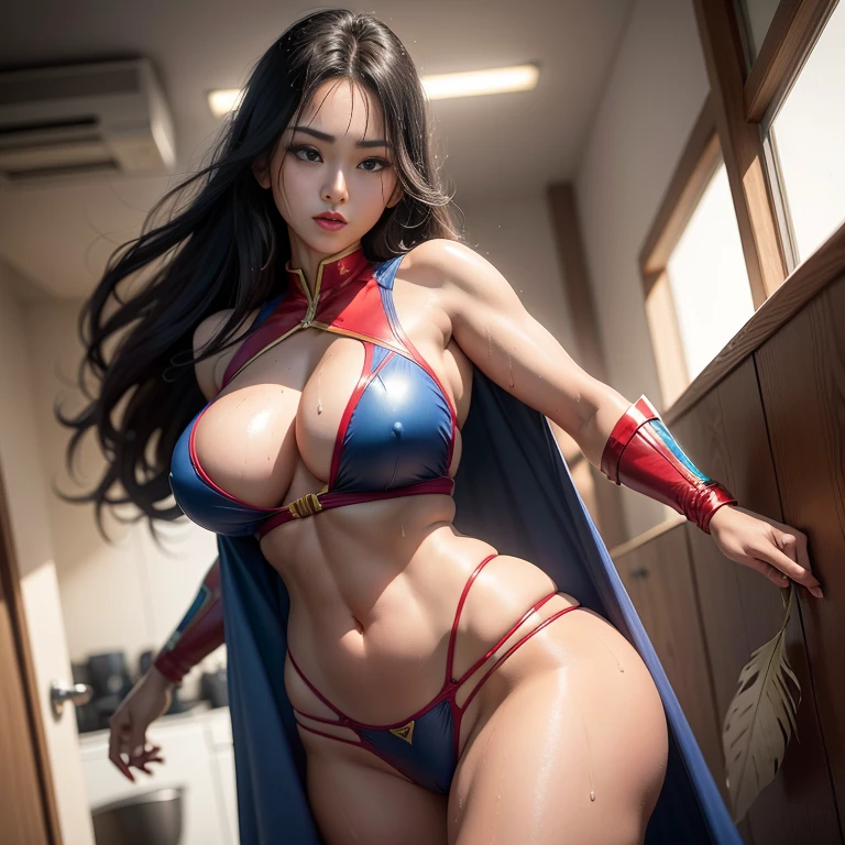asian, MILF, superheroine, 30 anos de idade, is asian women, wear supergirl swimsuit sexy, Standing with feathers apart, virilha esposta, Genitalia clivagem, cintura exposta, expor pelos pubiano, supergirl sexy transparente, com decote sexy, veste roupa branca, cabelos pretos, His eyes are dark and personalidade sensual e sexy, is hurting, seios grandes e cheios, sweating:1.2), (Wet), sexy, (Tentador Adulto) (Seductive dynamic pose) (seios pendurados), (clivagem profunda). seios muito grandes e flacidos,  Sagging Tits, sagging breast. She is a very sexy, super sexy. best quality, Realistic photo, photo corpo inteiro, a lot of sweating, muito suada,