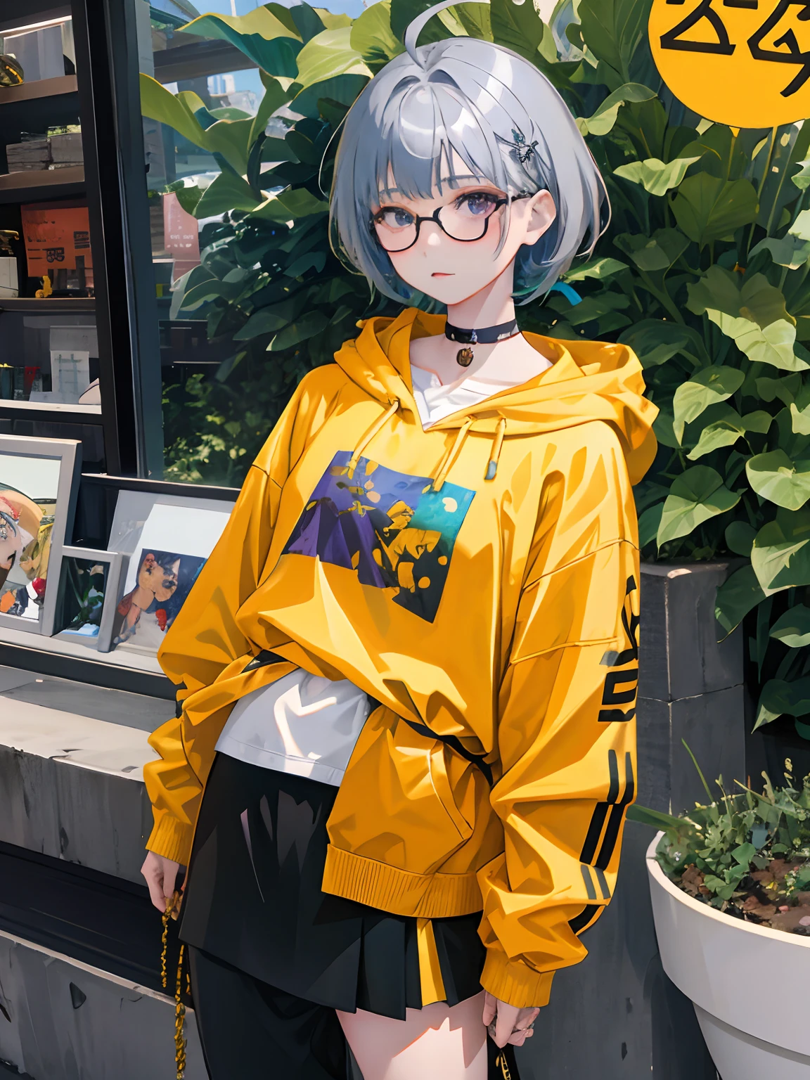 ((masterpiece、top-quality)、(1人)、(独奏)、(female focus)、(Ahoge、Green hair、short-hair)、Purple eye、(White shirt)、(Black skirt)、wears glasses、is standing、White background、back arms、1boys、Boy with gray hair、wears glasses、Yellow hoodie、Orange hoodie、Black pants