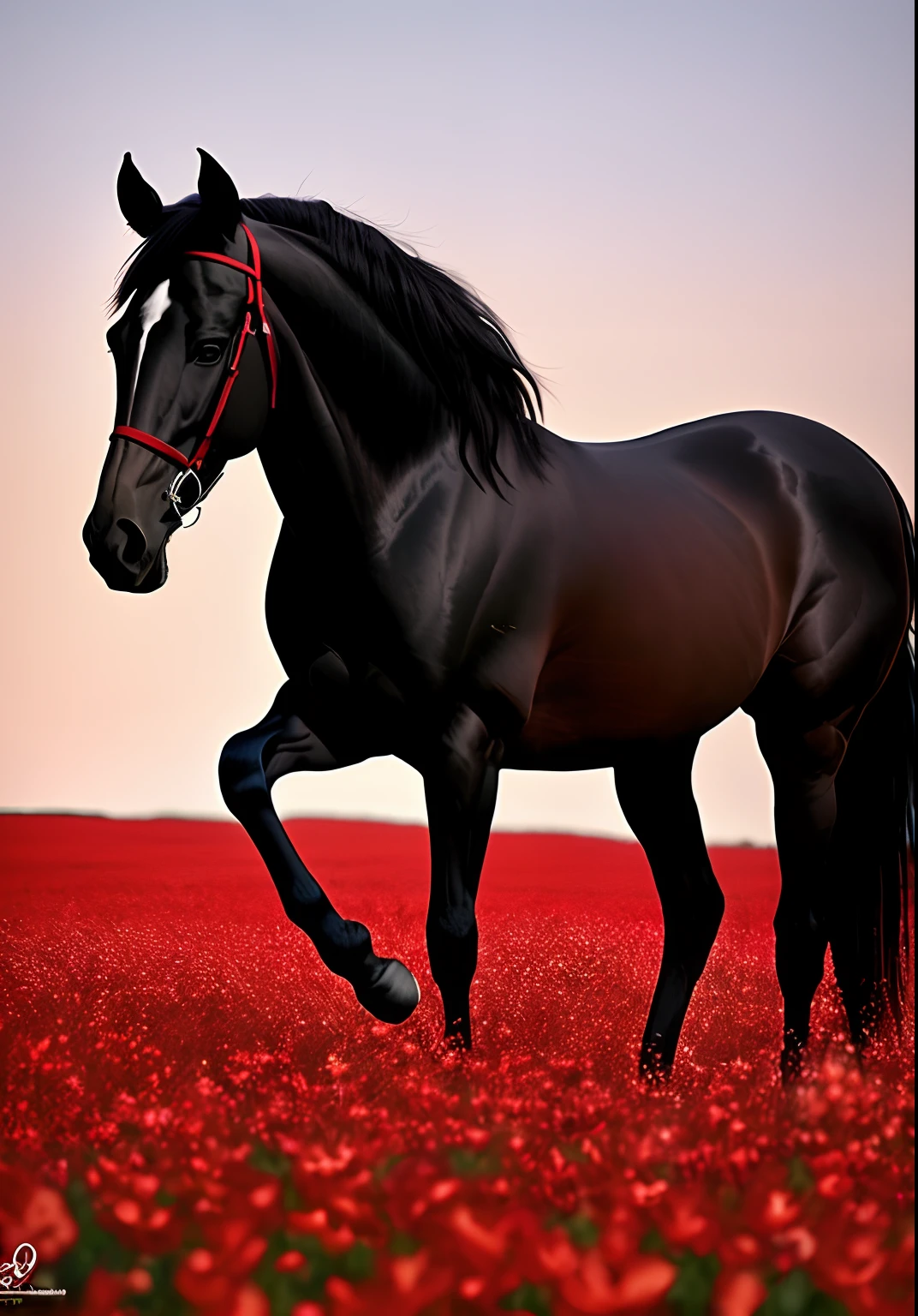 Cavalo Preto, Bareback, soio, In a field of red flowers with red petals Realism
