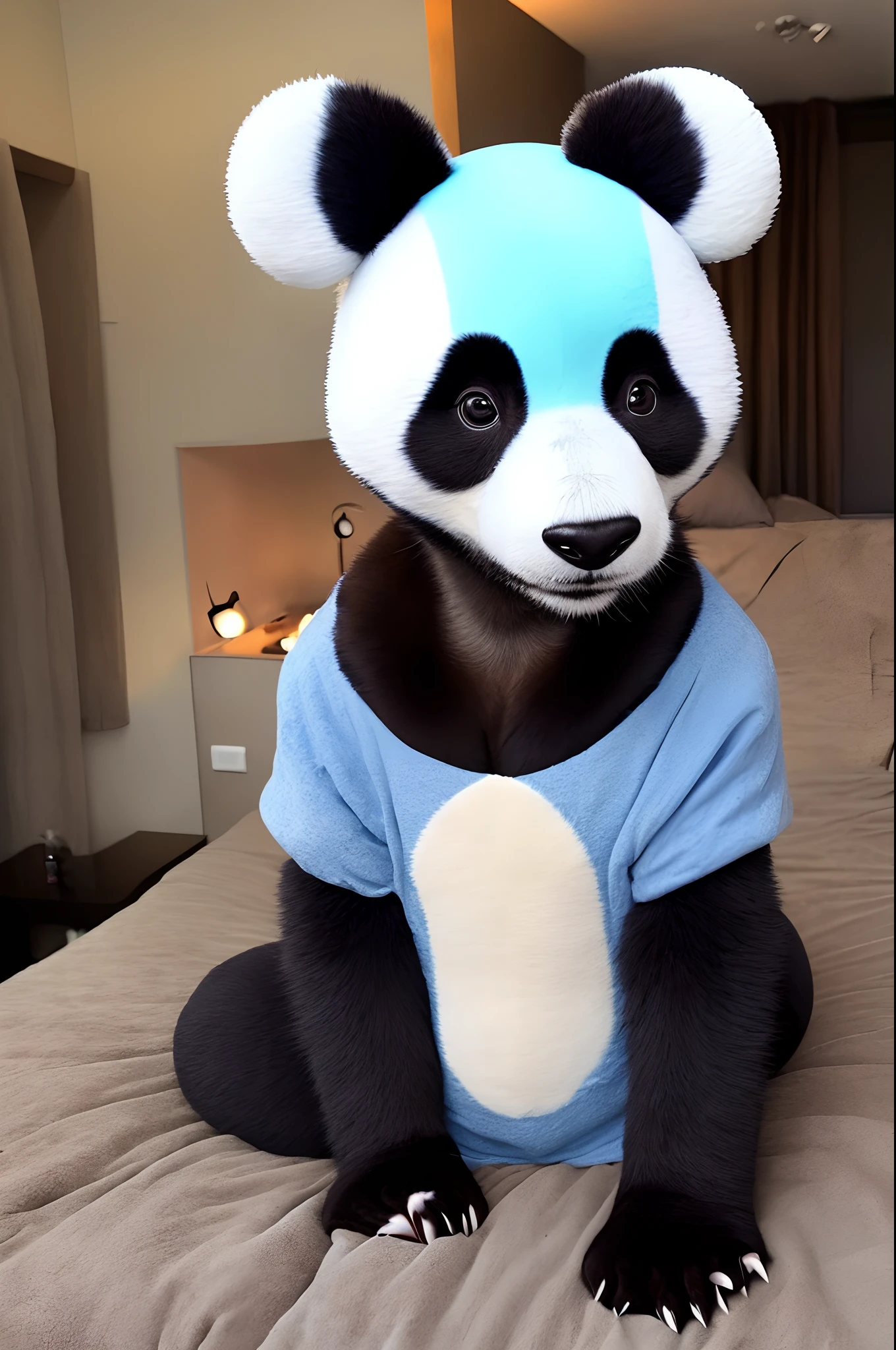Un Fursuit de panda gordo con cola de perro color azul, en una colina, Masturbating