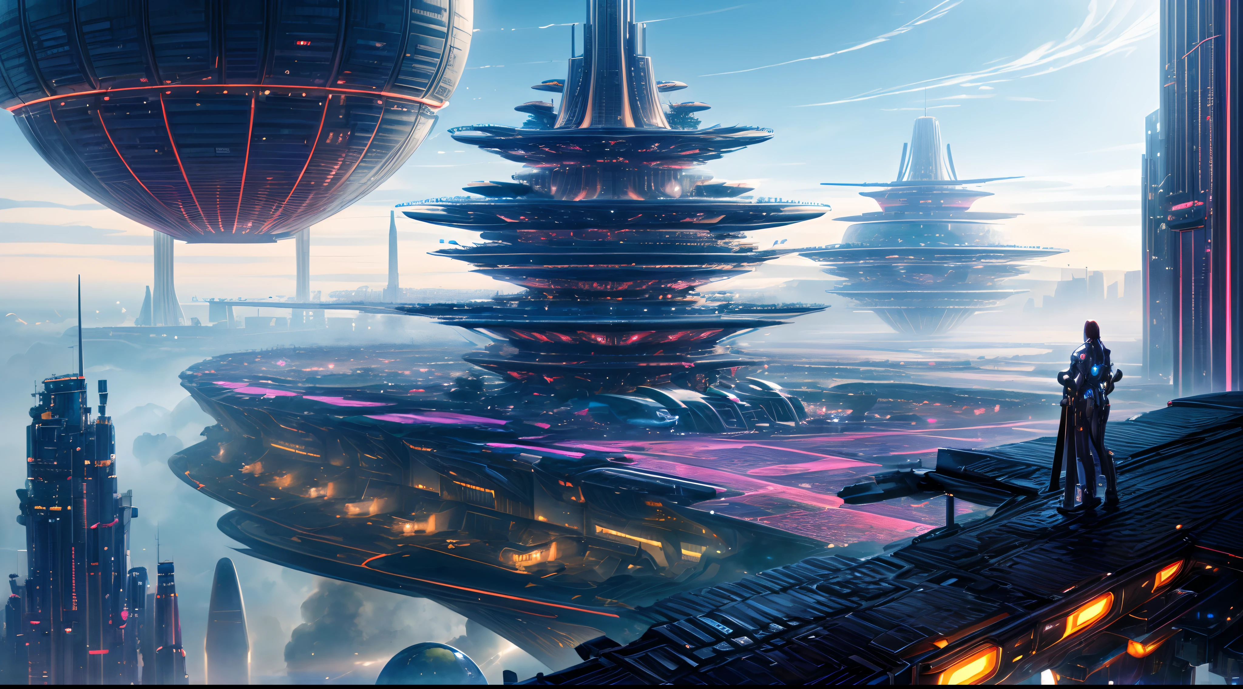 Futuristic city with a giant floating structure and a man standing on a ...