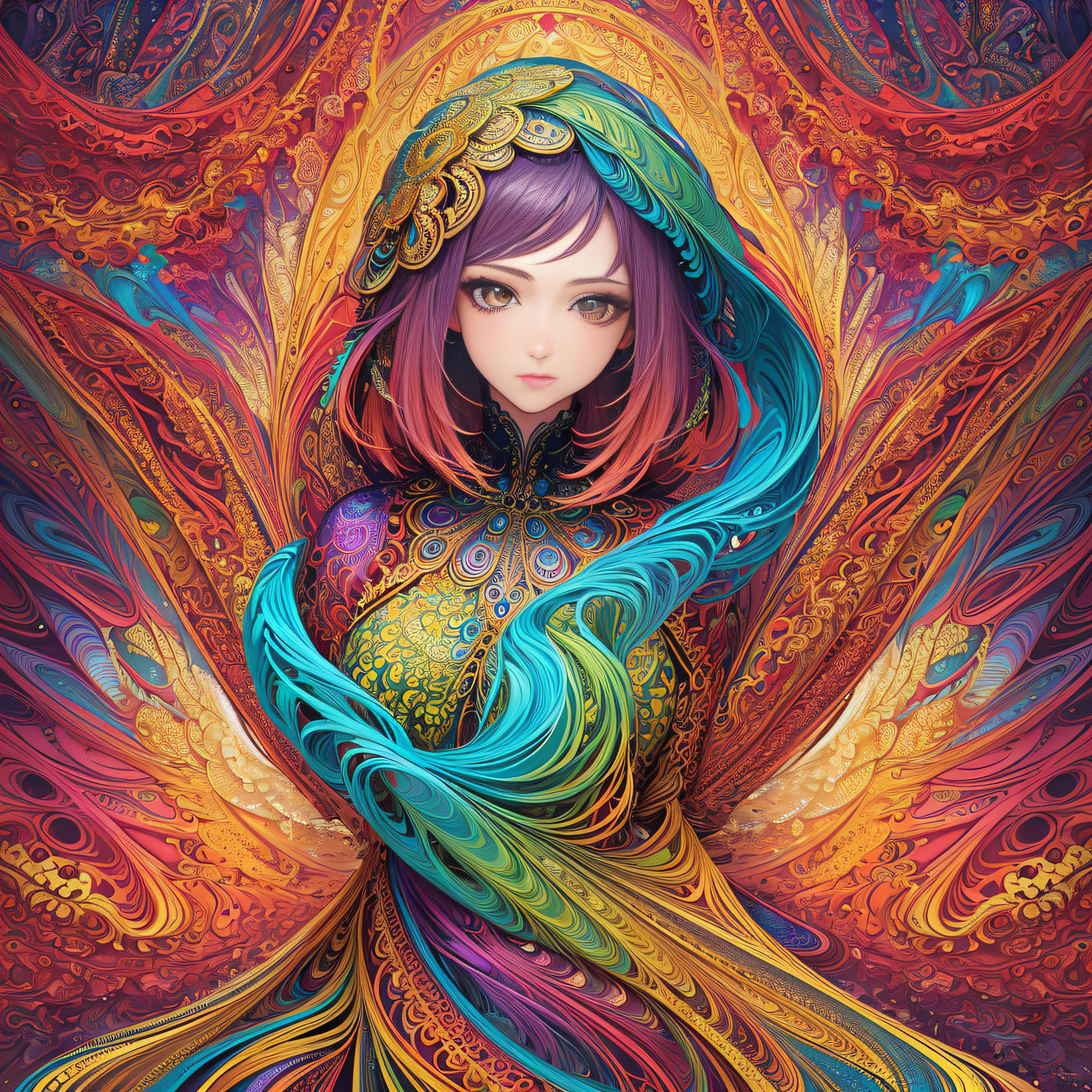 (masterpiece, top quality, best quality, official art, beautiful and aesthetic:1.2), (1girl:1.3), extremely detailed,(fractal art:1.2),colorful,highest detailed,(zentangle:1.2), (dynamic pose), (abstract background:1.5), (treditional dress:1.2), (shiny skin), (many colors:1.4), upper body