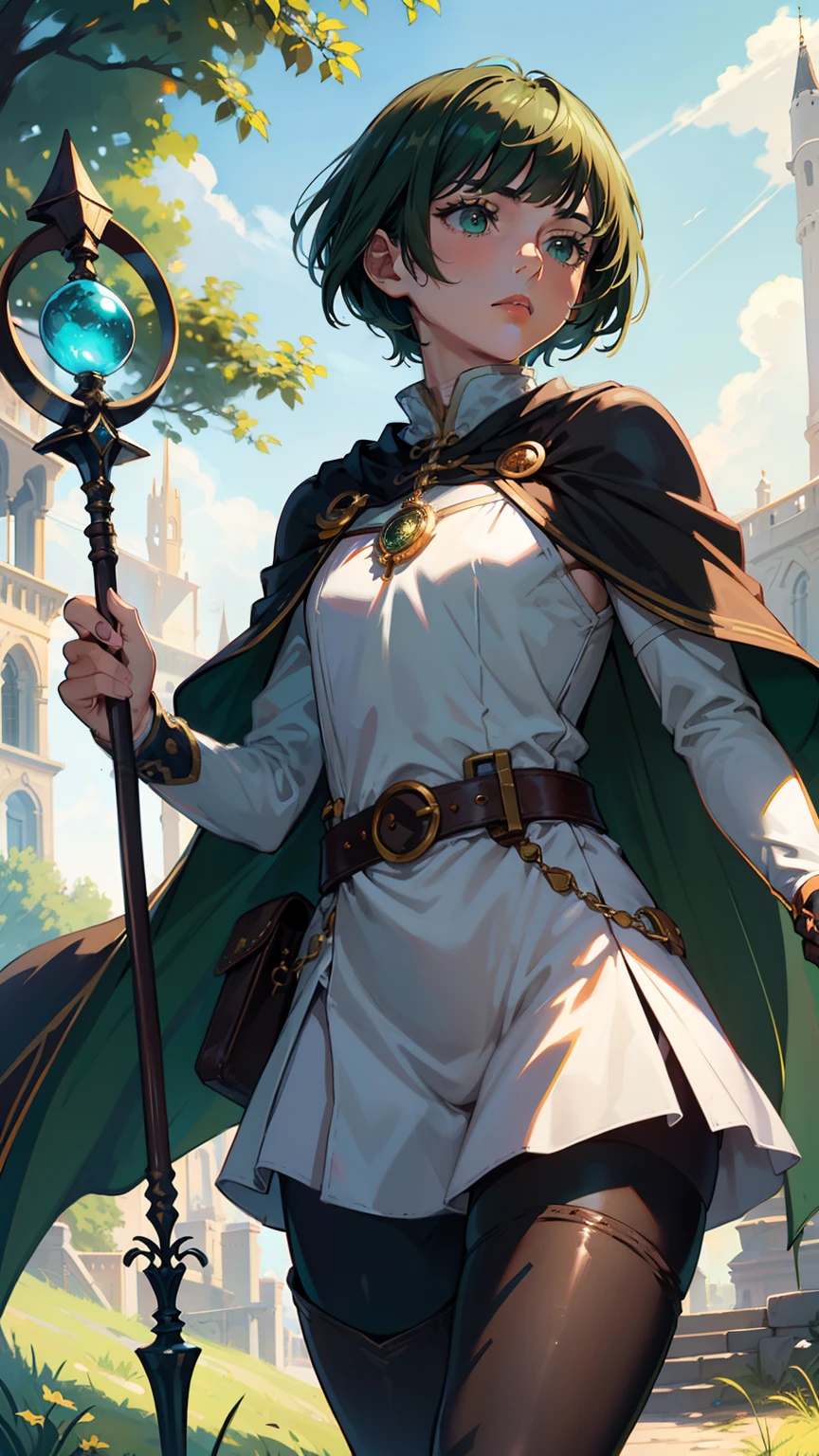 masterpiece, ultra detailed, 8k portrait, RAW photo, portrait photography, highly detailed face, beautiful and meticulous eyes, ((Fantasy)), Young beautiful, 15 years old, child, dynamic pose, (((short deep green bobbed hair))), blunt bangs, White skin color, Luxury, (((tunic and short pants))), (((brown cape))), (((little waist hip pouch))), (((dark thigh high tights))), high cut leather boots, ((holding long magical staff)), Midday Sun, hyper realistic, slender body, flat chest, Long legs, on the medieval road, Ambient lighting, Shadow details , Camera focus on face, strong breeze, Light fog