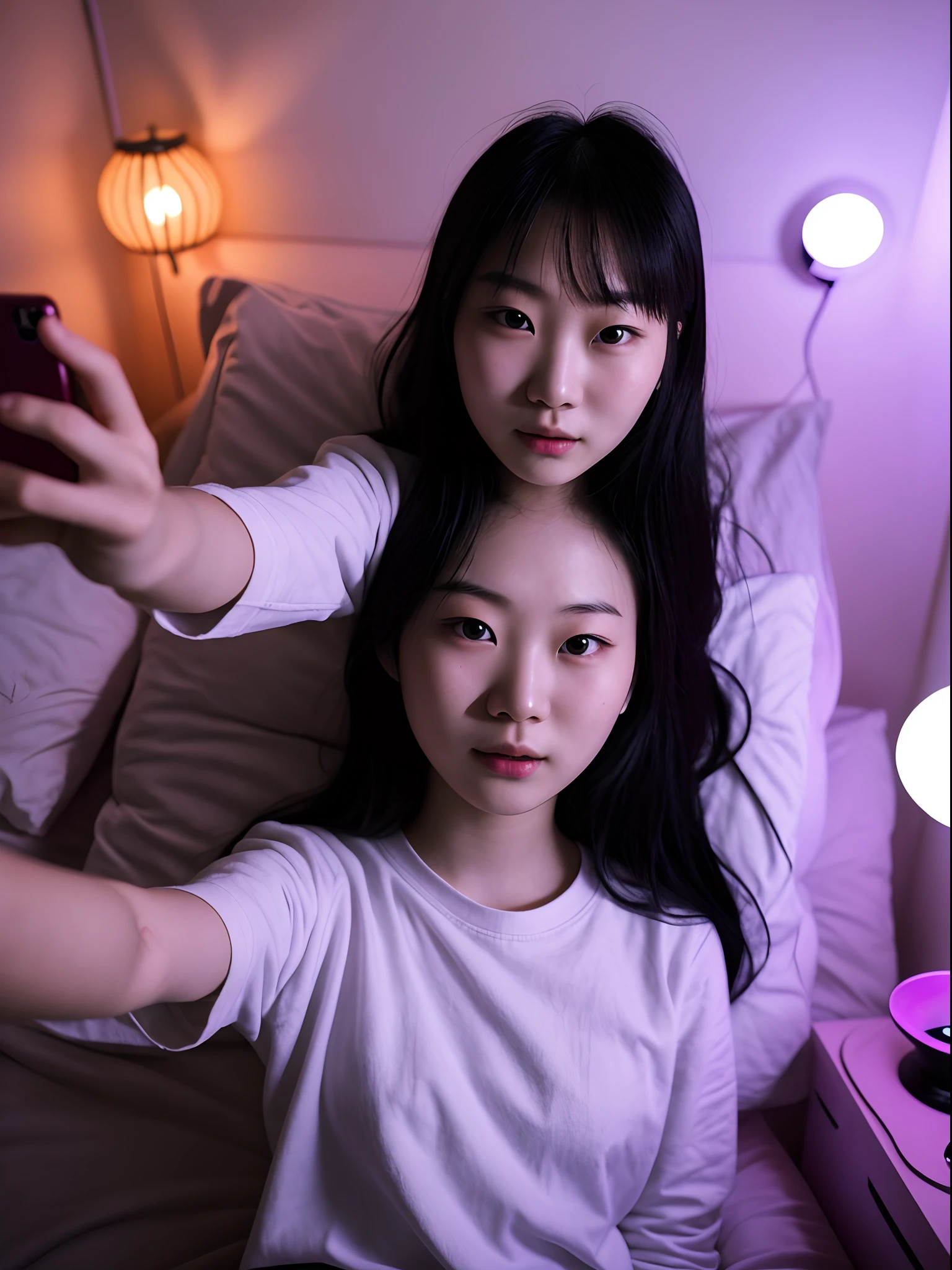 there is a teen girl taking a selfie in her dim lit bedroom laying in her bed, purple led lights, 2 7 years old, asian face, without makeup, 2 8 years old, she is facing the camera, a young asian woman, 2 9 years old, detailed face of a asian girl, 8k selfie photograph, 🤤 girl portrait, 20 years old woman, 2 0 years old woman