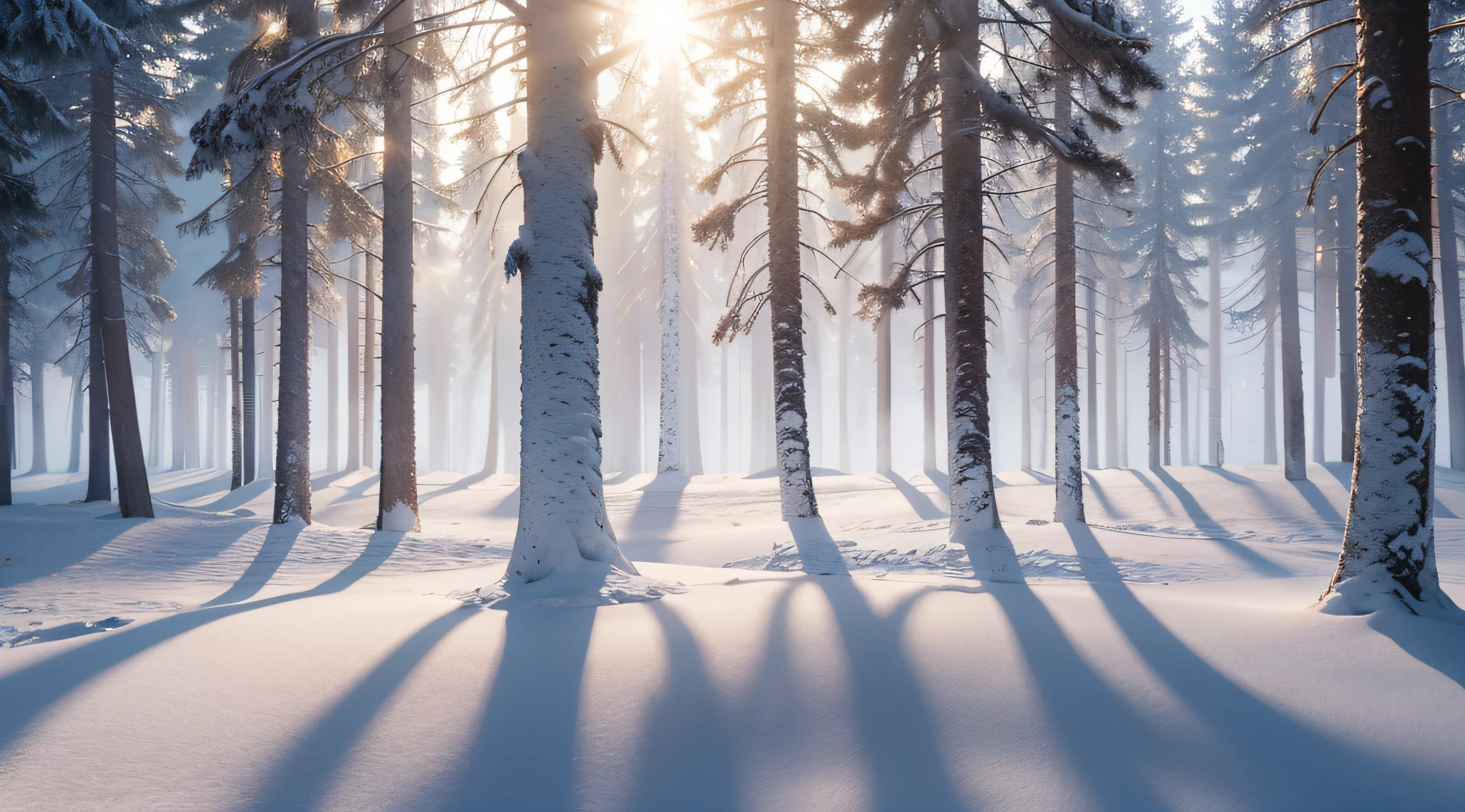 ultra - detailed, Unity 8k wallpaper, highly detailed CG, Ray traching, Sharp shadows, Great detail, Depth of field, Super detailed background, In the snowy forest, rime ice covers the branches，The sun shines through the mist，Realistic and mysterious scenes