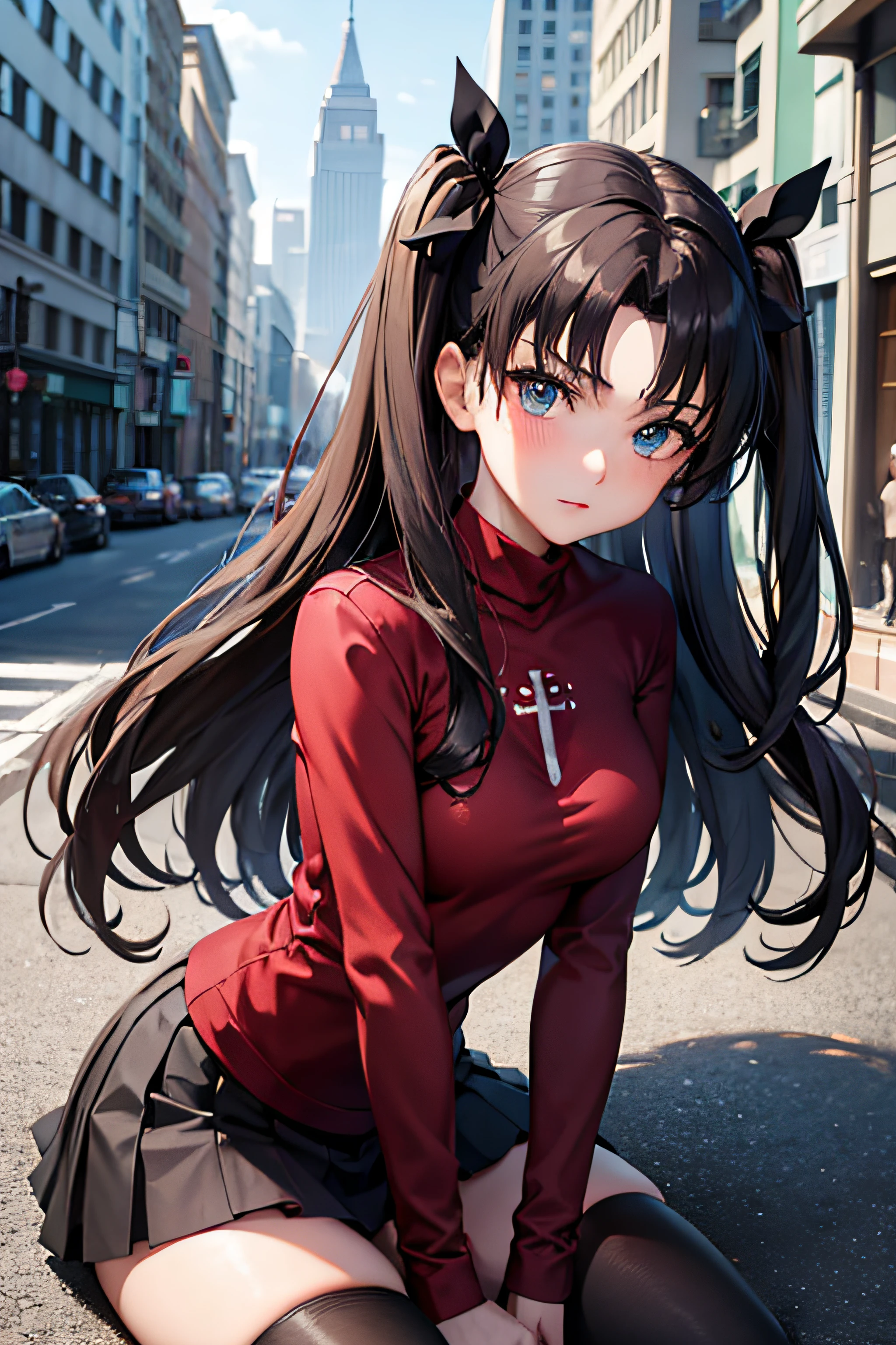 (masterpiece), best quality, expressive eyes, perfect face, 1girl, solo, rintohsaka, rin tohsaka, aqua eyes, black hair, hair ribbon, long hair, ribbon, sidelocks, two side up, black skirt, black thighhighs, long sleeves, miniskirt, pleated skirt, ((red sweater)), skirt, sweater, thighhighs, turtleneck, city background, sitting, character sheet, upper body, portrait, looking at viewer