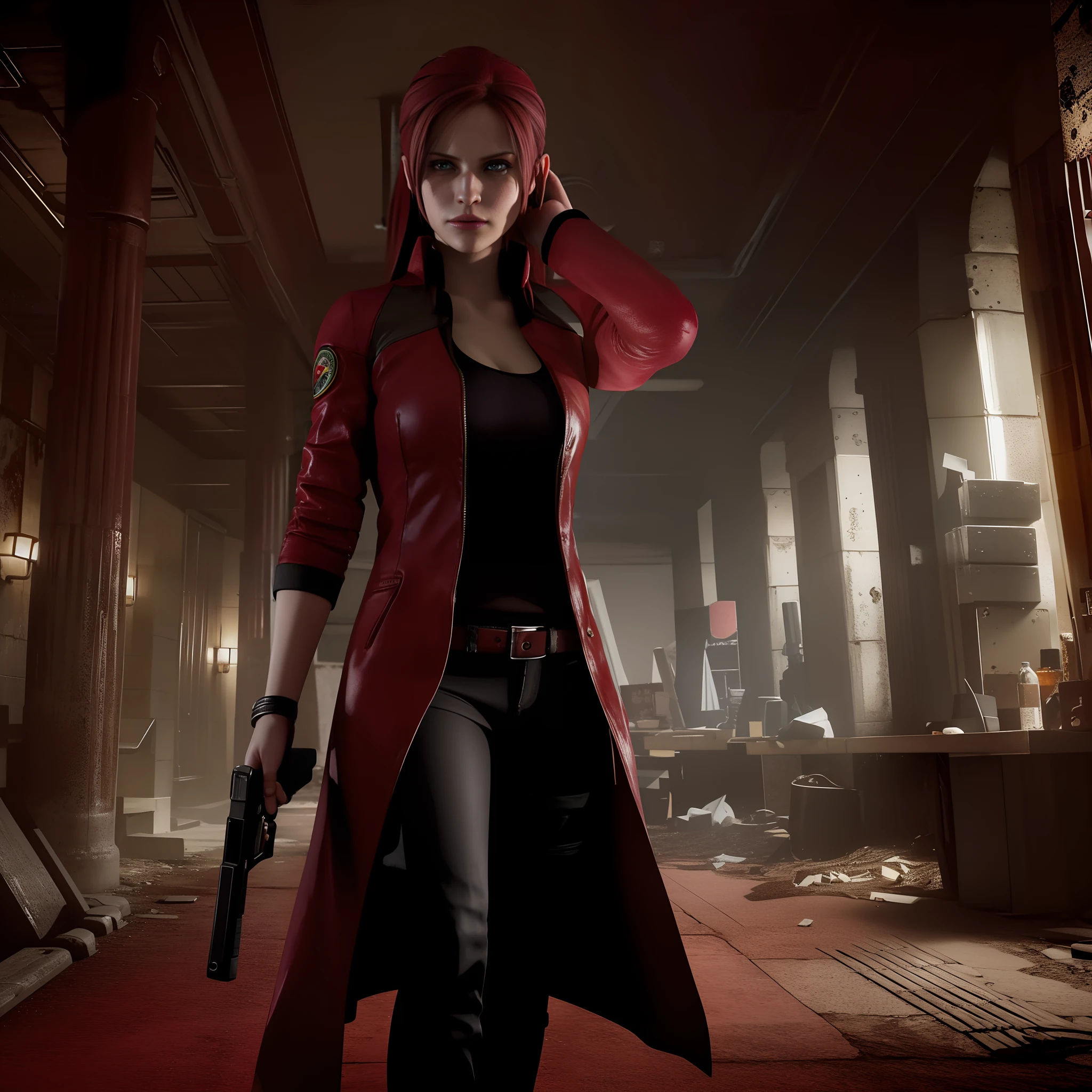 4K, HD, ((Claire Redfield 40 years old)), beautiful face, looking at viewer, very long red hair, perfect Face, black jeans, red long coat with black t-shirt, red nail polish, friendly face, Glare, holding a gun