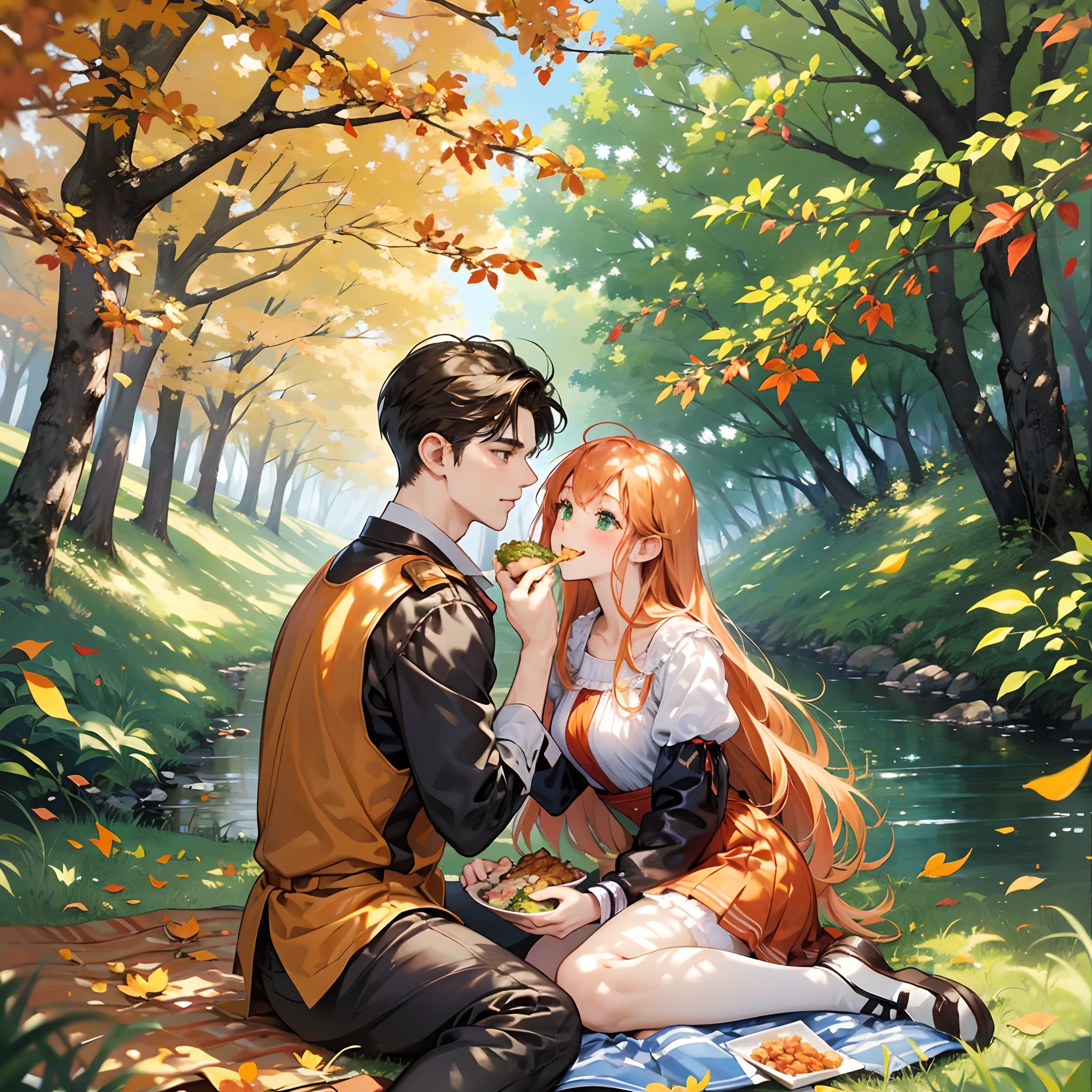 Romantic picnic at a riverbank in autumn. Orange leafs are falling down into two characters. One is a cute anime girl with ginger long hair and with green eyes. The other is a cute anime man with brown short hair. They are feeding each other food. The man puts food in the mouth of the woman. The woman is happy and blushing.