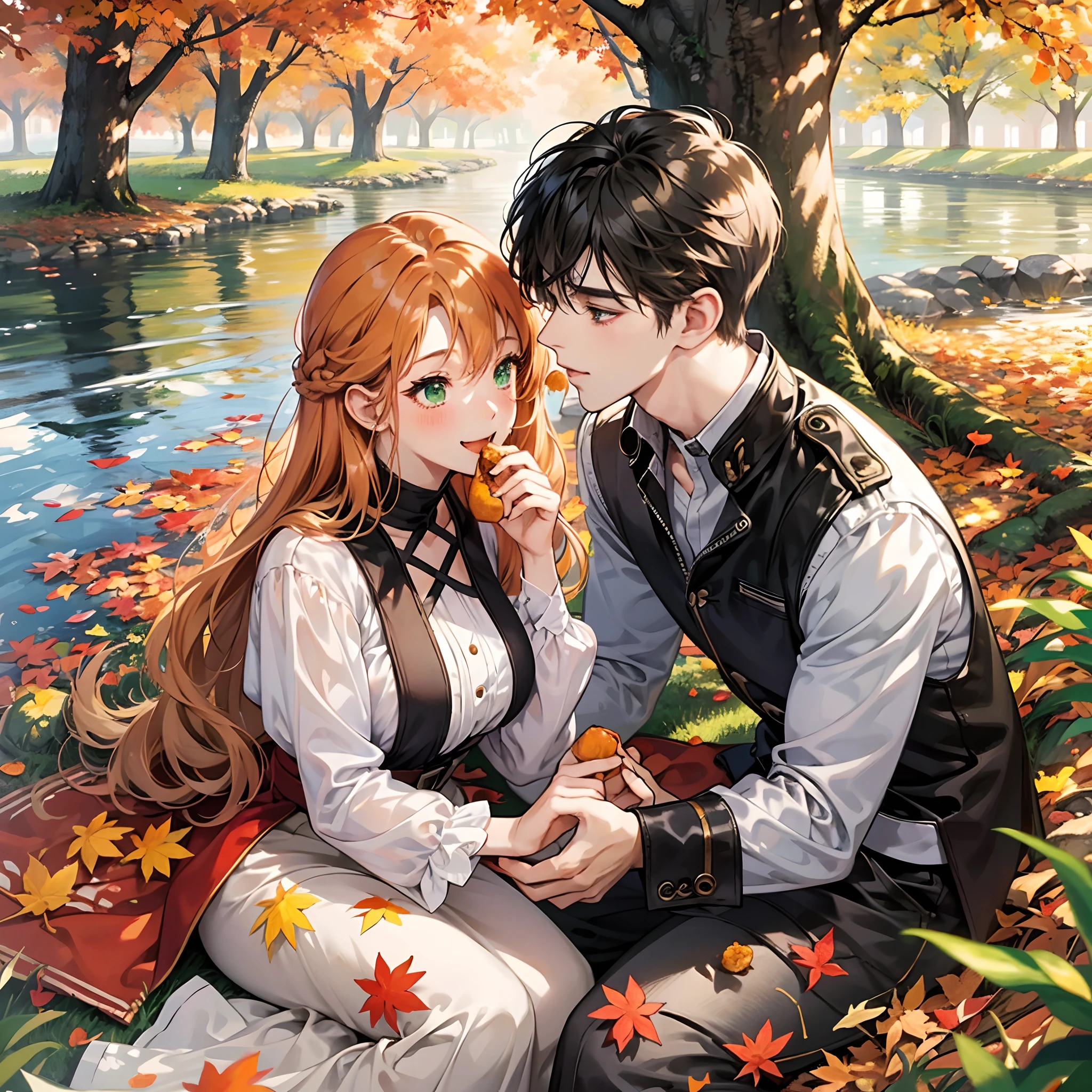 Romantic picnic at a riverbank in autumn. Orange leafs are falling down into two characters. One is a cute anime girl with ginger long hair and with green eyes. The other is a cute anime man with brown short hair. They are feeding each other food. The man puts food in the mouth of the woman. The woman is happy and blushing.