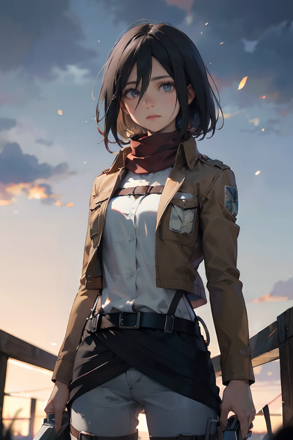 a 20 yo woman、Black-haired head hair、Bery short hair、dark themed、Muted Tones、Subdued Color、highly contrast、(natural skin textures、Hyper-Realism、Soft light、sharp)、AOT Style、Attack on Titan、Mikasa Ackerman、1人、arm strap、bangss、A dark-haired、Black pants、breastsout、cowboy shot、embers、verd s eyes、greybackground、hairs between eyes、Harnes、long-sleeve、looking at viewert、middlebreast、underpants、red scarf、scarf、The shirt、short-hair、fumo、独奏、thigh strap、Brown jacket、white shirt、Survey Corps\(emblem\)、((masterpiece))、top-quality、