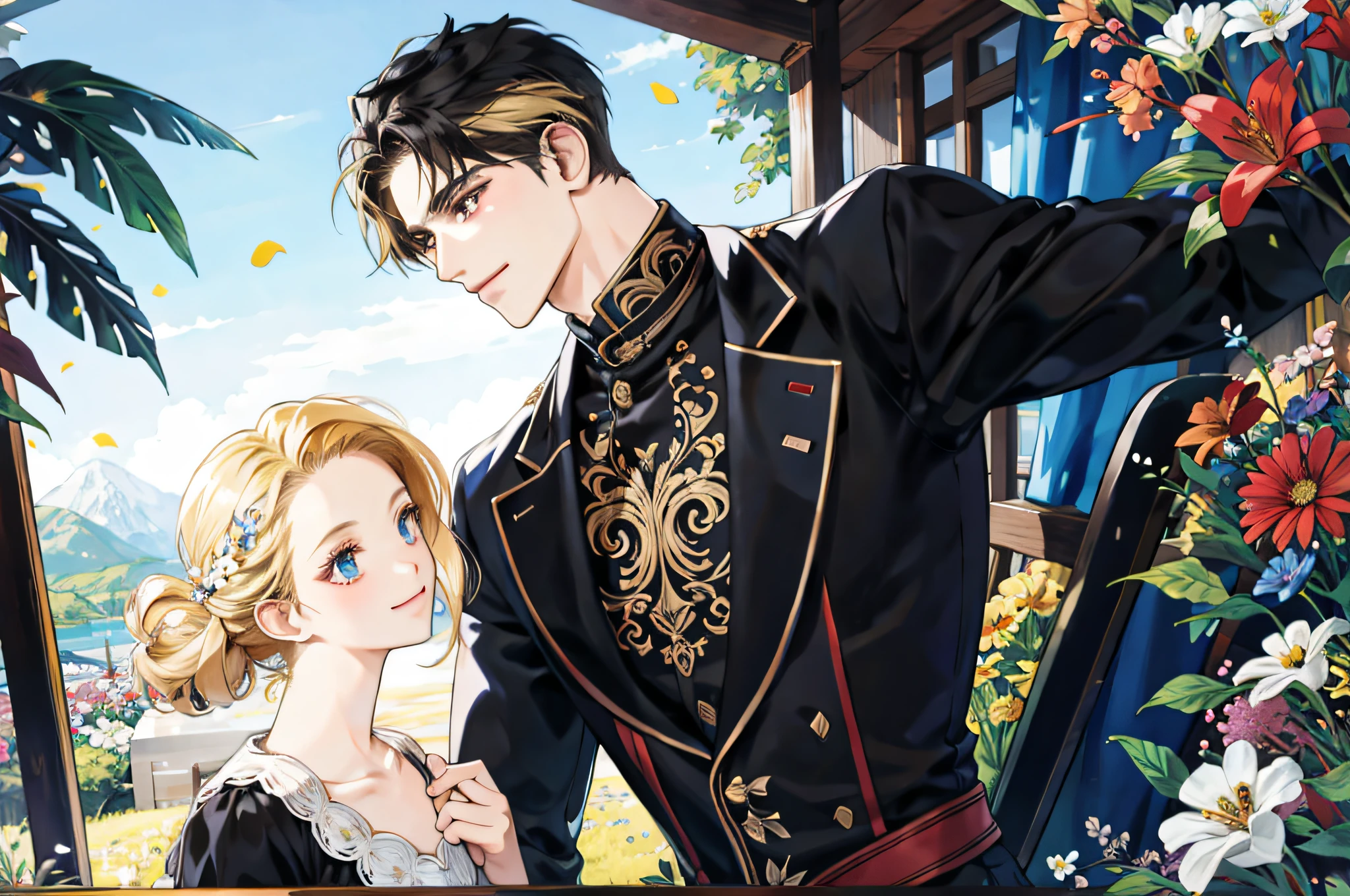 masterpiece, best quality, 2others, couple, hetero, 1man with 1woman, black hair and Blonde, height difference, different colors, happy, love, flower-filled landscape, forehead