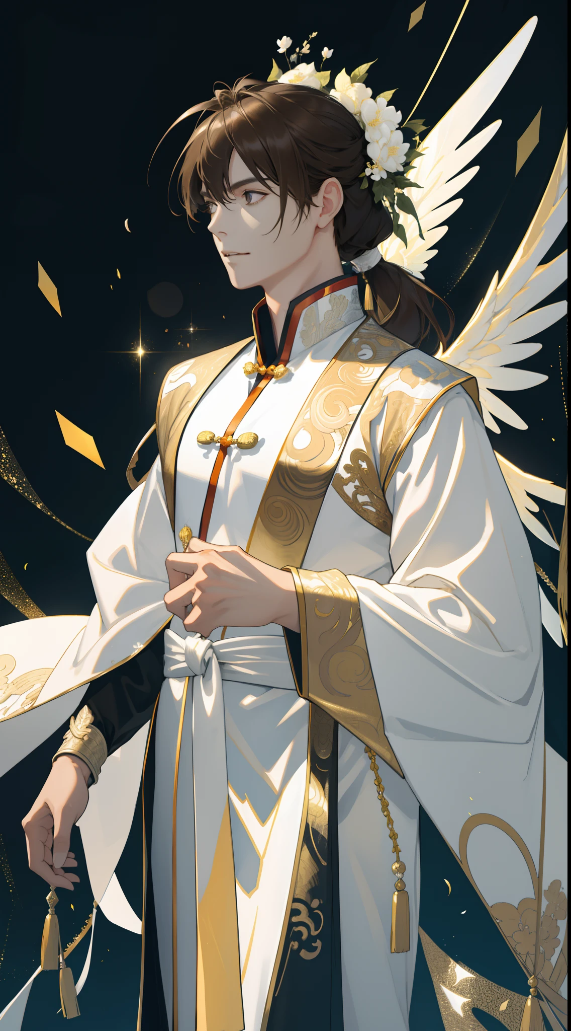 mtu,ancient Chinese costume,Masterpiece, Best quality, 1 male, Adult, Handsome, tall muscular guy, Broad shoulders, finely detailed eyes and detailed face, Extremely detailed Cg Unity 8K wallpaper, Intricate details, Brown hair long, low ponytail, fantasy, complex pattern, Detailed face, grand angel wings, Lens flare, Colorful, Luminous white particles, White robe, Gold bracelets and accessories, Prism, Glowing, glitters, Particle, Blooming flowers, Love to celebrate and have fun, enjoying nature, Bright and optimistic outlook, Innovation and risk-taking, Represents happiness and harmony, Depth of field,Masterpiece, Best quality, High quality, Anatomically correct,High details, Super detail, 1080p, hyper HD,(absurderes, A high resolution, ultra - detailed),