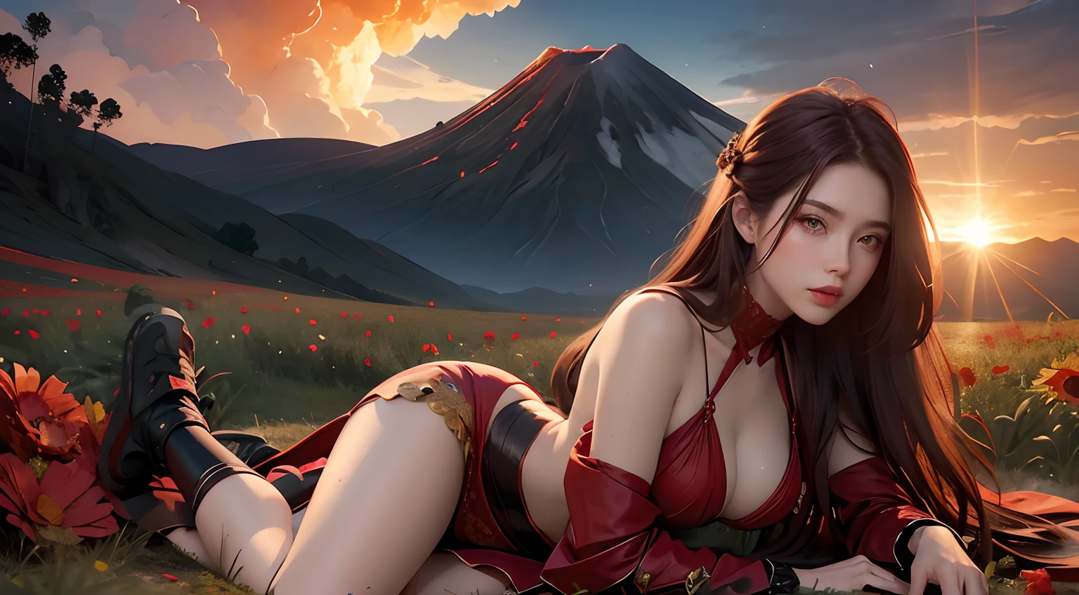 Sexy goddess,The facial features are extremely beautiful,body shape is slim,Red long-haired,Bigchest,long leges,Lie in the flowers,artistic pose,Background with,a volcano erupts,War scenes,air raid,missile,Strange sky,Singular clouds,Close-up behind the sun