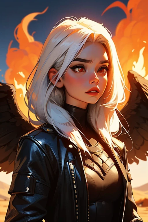 (best quality,4k,8k,High resolution,Masterpiece:1.2),Ultra-detailed,1 girl with white hair, phoenix wings and leather clothes with punk style, red eyes, desert on fire, noche de dos lunas, oil painting, surrealism, warm color tones, dramatic lighting