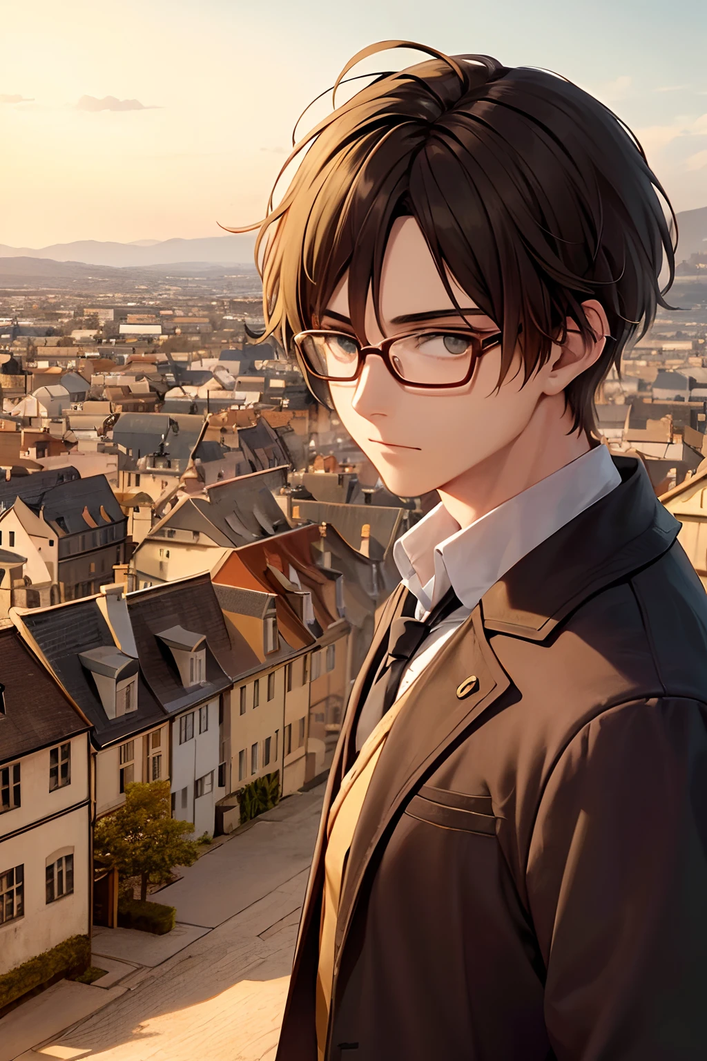 Udo, a adult character from Attack on Titan, wearing glasses, with a neutral gaze, in a landscape of houses. (best quality, masterpiece:1.2), vibrant colors, face focus, high details on eyes, detailed textures, anime style, warm color tones, soft lighting.