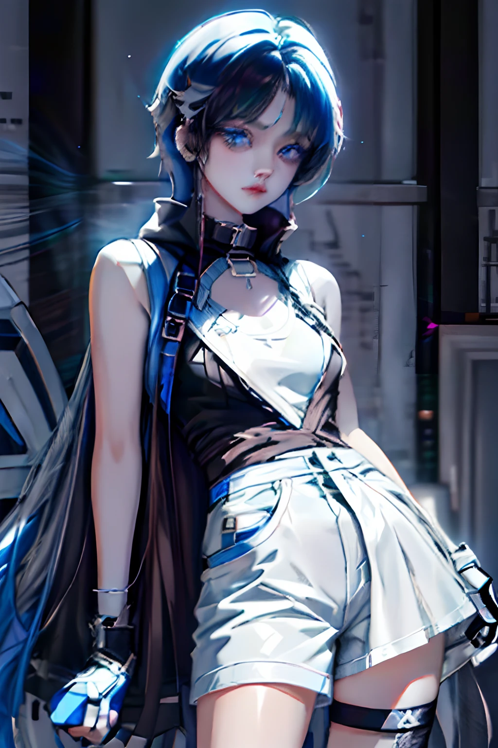 Character design, character sheet, masterpiece, blue and black hair long hair, Two hair colors, inner color hair, blue eyes, Sharp gaze, black vest hoodie with light blue striped pattern, black gloves, white short t-shirt, shorts, stockings, white sneakers with light blue pattern