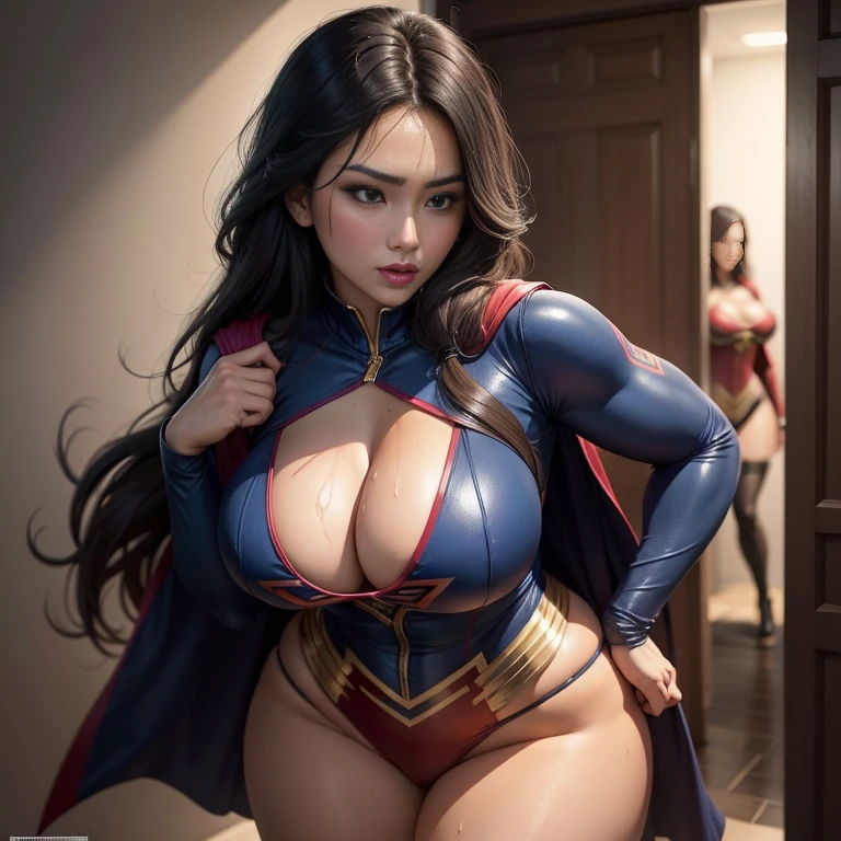 TWO asian, MILF, superheroine, 45 anos de idade, TWO asian BBW women, wear supergirl sexy, Standing with feathers apart, virilha esposta, Genitalia clivagem, cintura exposta, expor pelos pubiano, supergirl sexy transparente, com decote sexy, veste roupa branca, cabelos pretos, His eyes are dark and personalidade sensual e sexy, is hurting, seios grandes e cheios, sweating:1.2), (Wet), sexy, (Tentador Adulto) (Seductive dynamic pose) (seios pendurados), (clivagem profunda). seios muito grandes e flacidos,  Sagging Tits, sagging breast. She is a very sexy, super sexy. best quality, Realistic photo, photo corpo inteiro, a lot of sweating, muito suada,