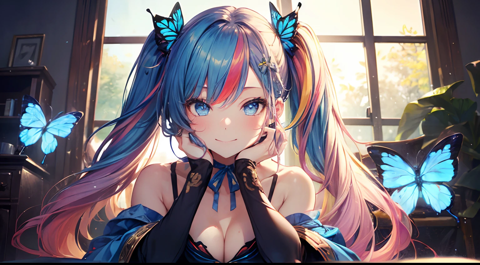 (masutepiece:1.3), (8K, Photorealistic, Raw photo, Best Quality: 1.4), Beautiful face, (Realistic face), Beautiful detailed eyes, (Realistic skin), Attractive, Intricate details,Golden ratio,  1 girl,Naughty smile, (rainbow hair:1.4),((Long twintails,Ribbon 1.4)),Gothic Lolita Fashion,(Blue butterfly hair ornament),off shoulders,cleavage,Dynamic Pose,Dynamic Angle,Intricate details, Hyper realistic, Perfect Anatomy、only face、A smile、Smiling、Face enhancement、Golden light、rainbows、Heaven、angelicales、Deities、Luz Divina(masutepiece:1.3), (8K, Photorealistic, Raw photo, Best Quality: 1.4), Beautiful face, (Realistic face), Beautiful detailed eyes, (Realistic skin), Attractive, Intricate details,Golden ratio, 1 girl,Naughty smile, (rainbow hair:1.4),((Long twintails,Ribbon 1.4)),（looking-down),Dynamic Angle,ultra-detailliert, illustratio, gros-plan, Straight, One girl, (Fantasia:1.4), (azure eyes:1.233),Her eyes shone like dreamy stars,(radiant eyes:1.233) ,(beautiful and delicate eyes:1.1),((+(Bullhair flower:1.14)),(Chiffon dress,Blue floral pattern on uniform)/=(military outfits:1.24),(no sleeves,Wide sleeves),(Fingerless gloves),a choker,(Miko is not),high-heels,(deadpan,Mouth closure),(Standing), (classical Princess boudoir with dressing tableand french windowin a white ancient palaces),(white blossoms、florals),(abyssal),(flowingwater),(a dull blue world tree:1.14),(Ruins),(natta:1.2 ),Dreamy,Seoul,(fluorescent),(Translucent blue butterfly flight:1.15),[[Delicate fingers and hands:0.55]::0.85],(Fine fingers),(yubao:0.5)