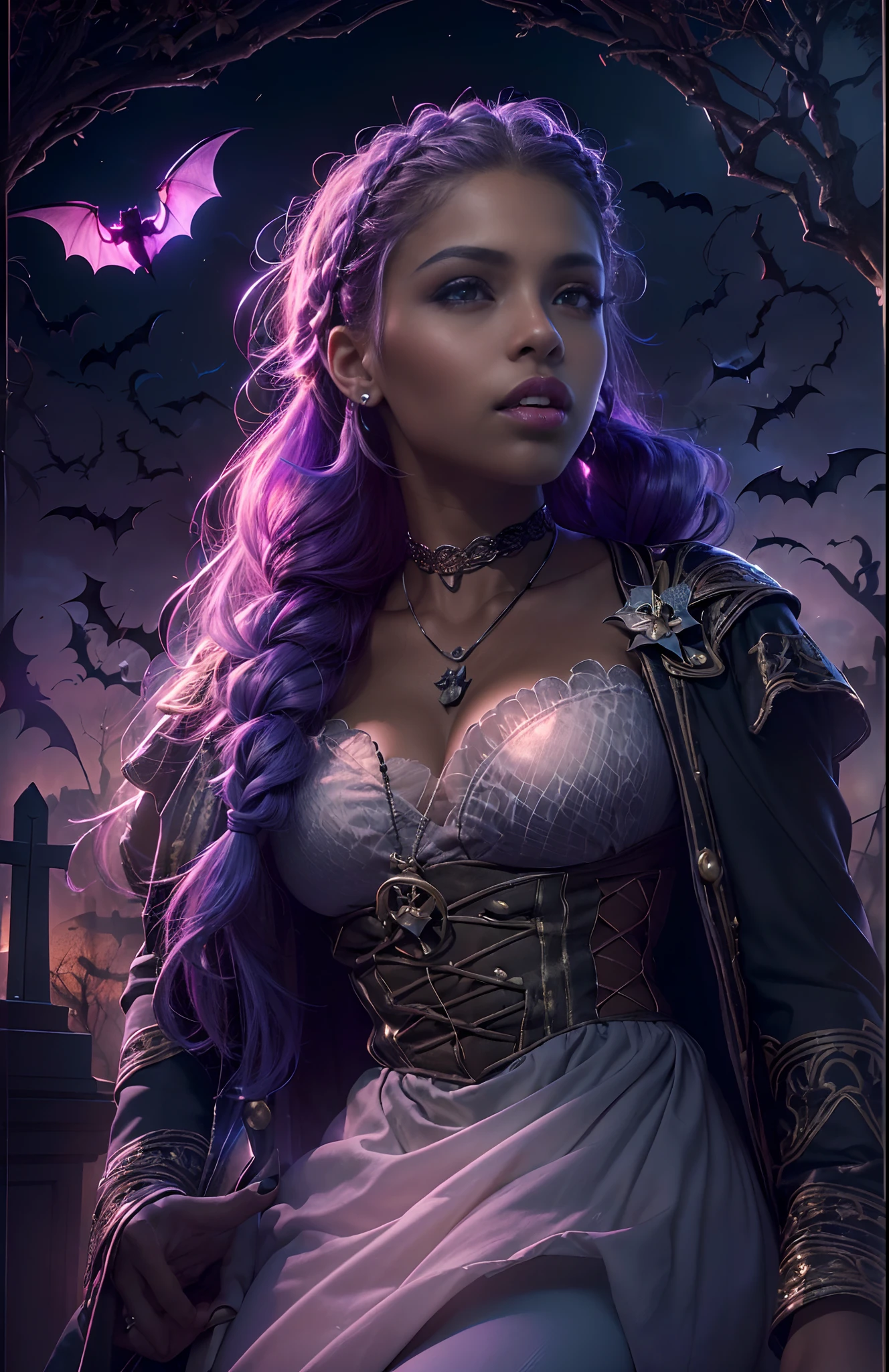 ((29-year-old))) black girl, (((light skin))), (((vampire))), (((New Orleans cemetary, early 20th century night time during mardi grad))), (((bats flying around))), dusk, (((close-up full body pose))), (((long white braided hair))), high heel boots, (((wearing period clothing))), dark fantasy art, Rich, Deep Colours, (intricate details:0.9), (HDR, hyper-detailing:1.2), (natural skin textures, hyper realisitc, soft light, Sharp),