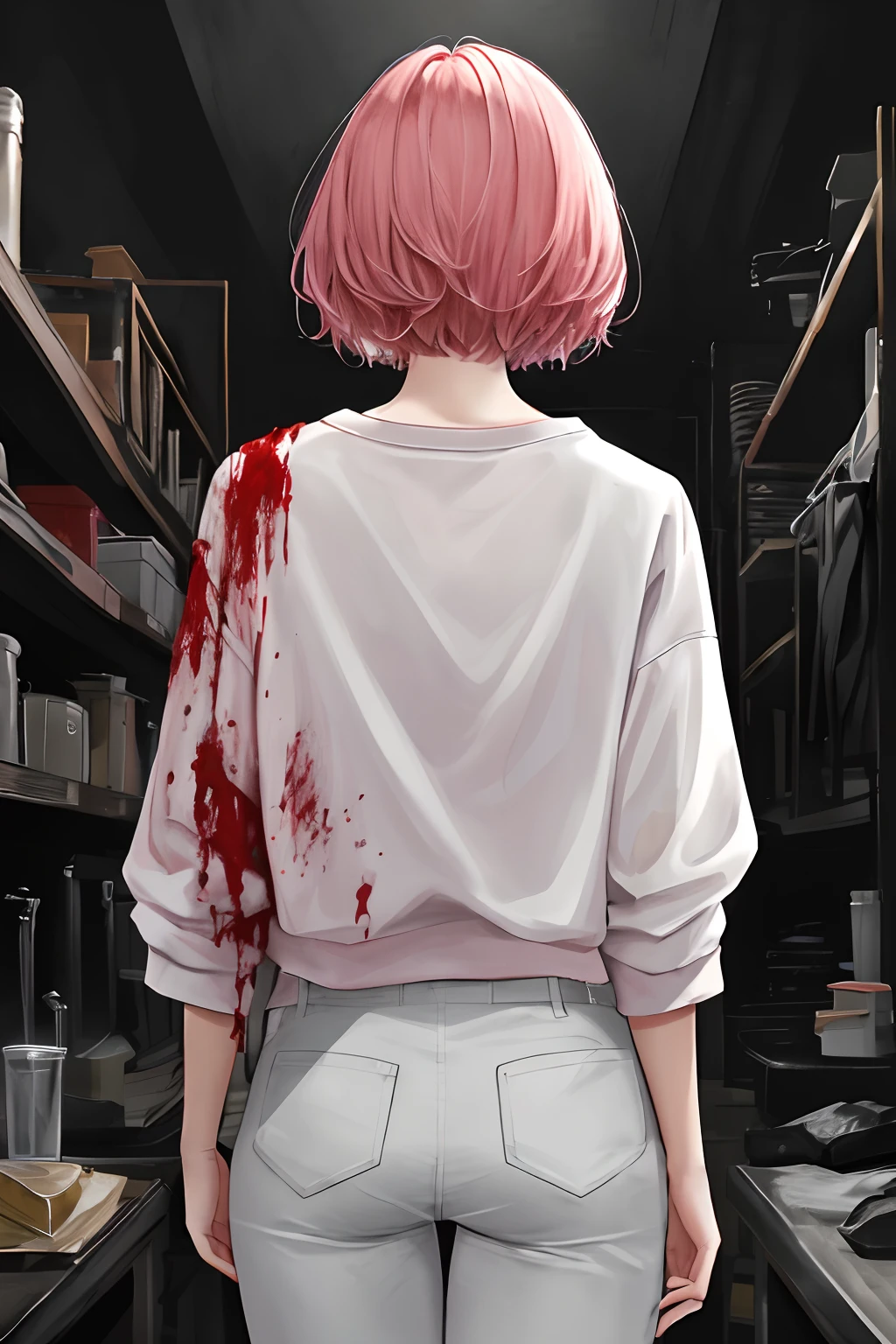 Lengh shoulder pink hair, short hair, girl, white lab clothes, turned back, detailed, at lab, dark atmosphere, horror, bloody clothes, white pants, white sweatshirt, looking away