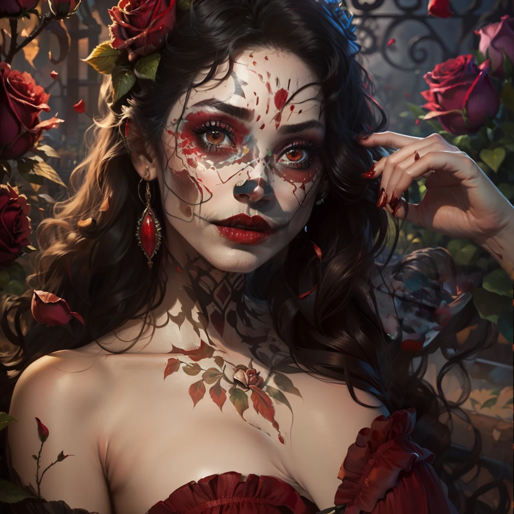 Caucasian woman with long black hair, brown eyes, blood red lips dressed as a gypsy with red rose petals in her hair in red flower garden