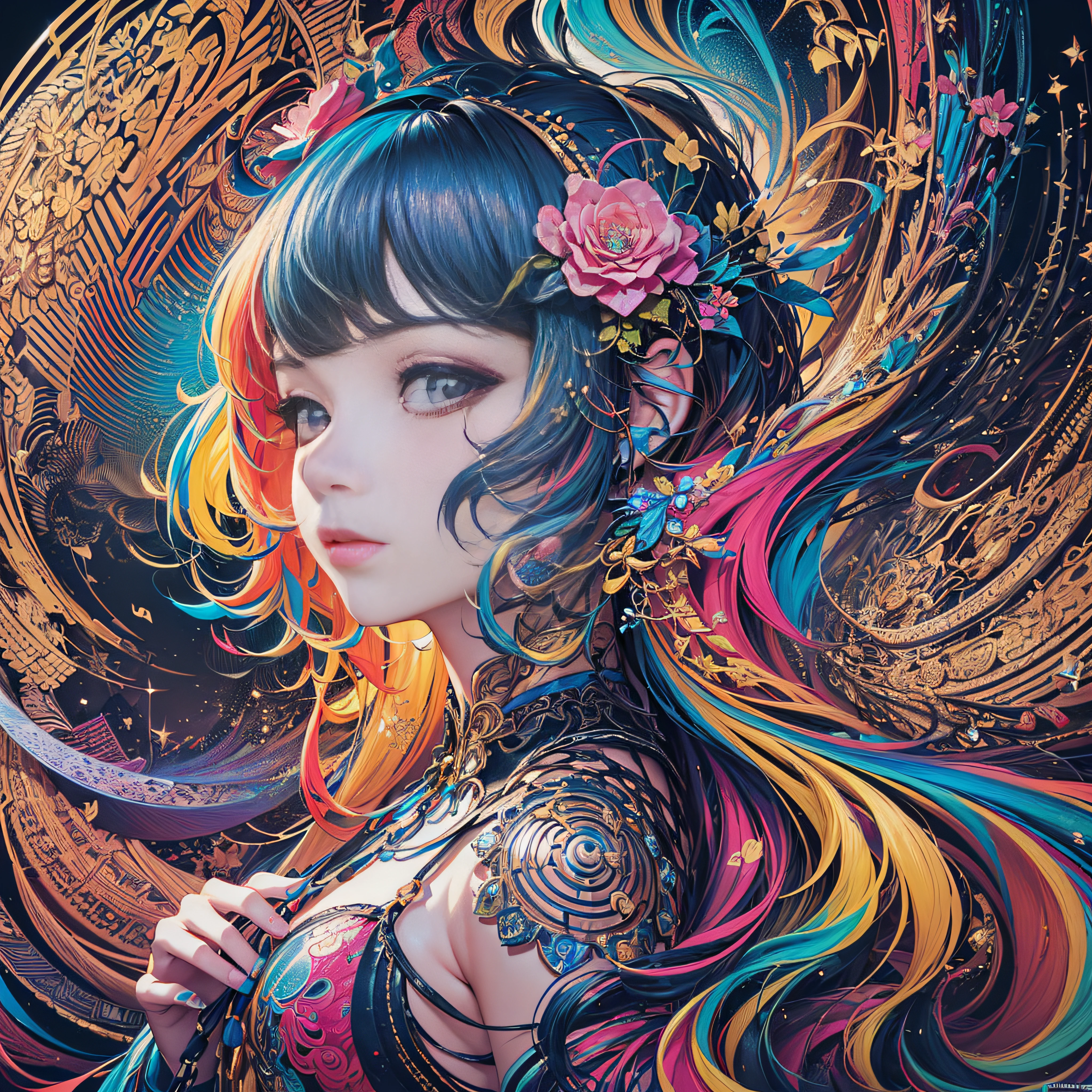 (masterpiece、top-quality、top-quality、Official art、Beautifully Aesthetic:1.2)、Highly detailed fractal art、(colourfull:1.5)、highest details、Zentangle、a closeup、 (1girl in:1.5), 独奏, (dynamicposes), (Abstract background:1.5), (shinny skin),