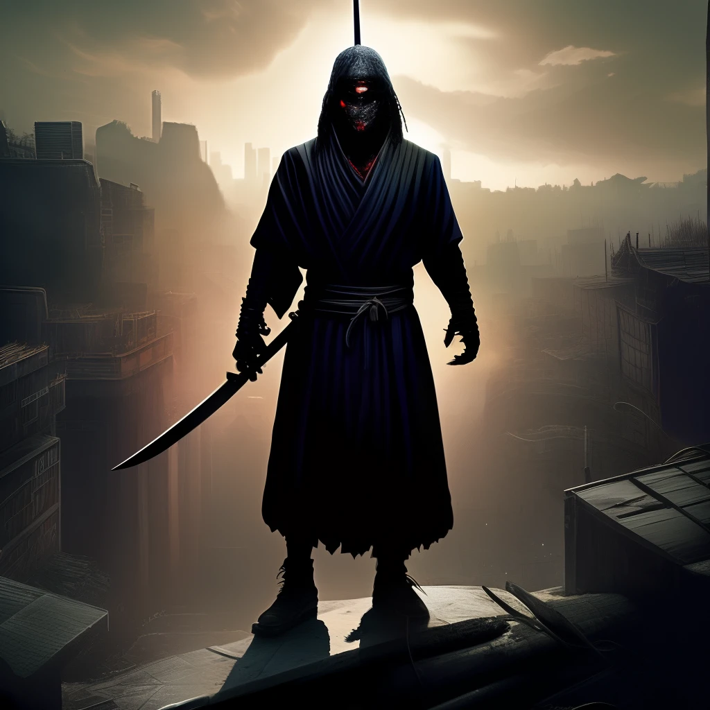"Create a wide, full-body movie poster of Jabari Zenith Blade, the dreadlocked Fulani samurai assassin with a salt and pepper beard, battling the vampiric alien colony, the Bloodclots, on a post-apocalyptic city rooftop. Depict the Bloodclots with pale, almost dead skin and visible postulate blood corpuscles. Show Jabari heroically vanquishing his otherworldly foes with a katana, using dramatic lighting. Emphasize his unwavering determination against the backdrop of the decaying city skyline."