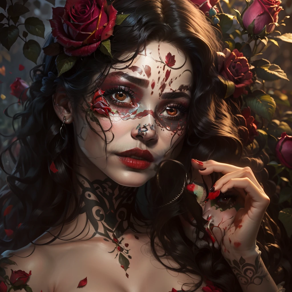 Caucasian woman with long black hair, brown eyes, blood red lips dressed as a gypsy with red rose petals in her hair in red flower garden