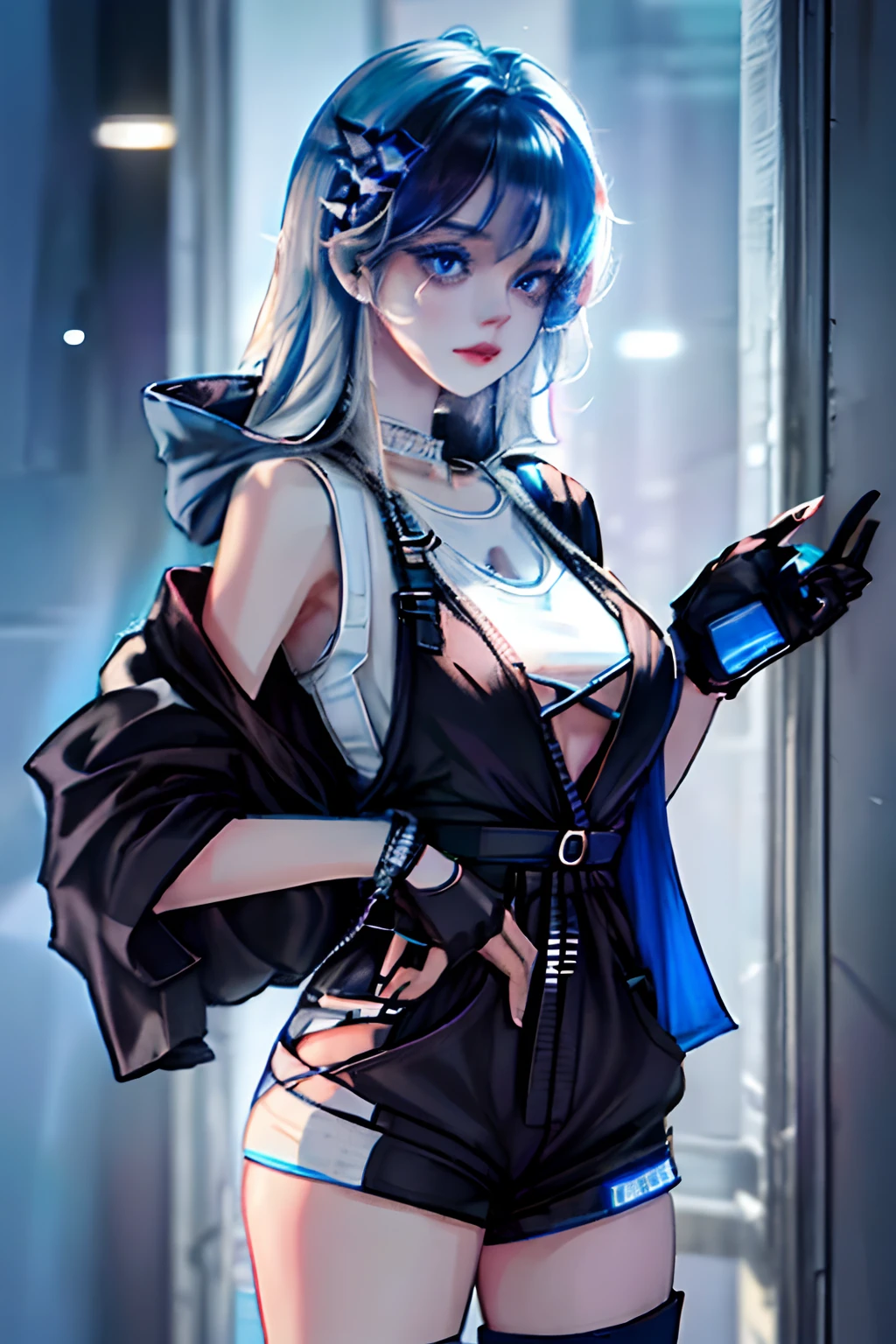 Anime girl with blue hair and black outfit holding a cell phone - SeaArt AI