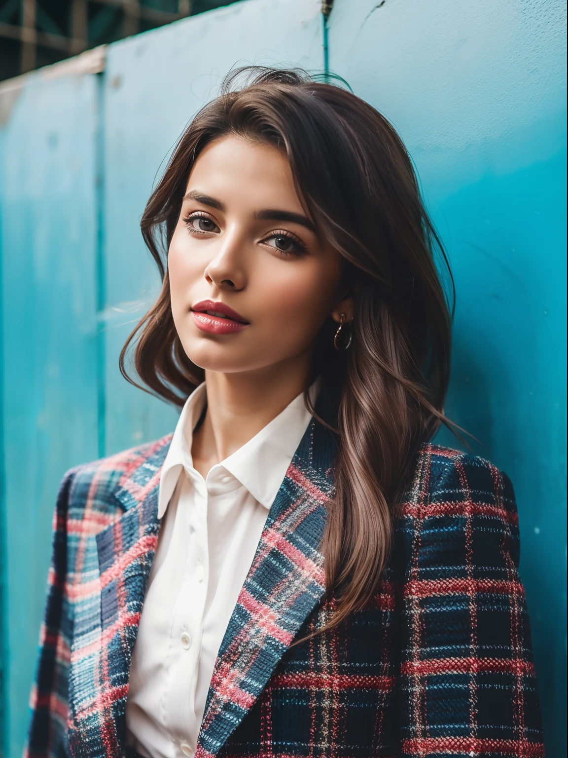 Mulher bonita 20 anos, cabelo castanho ondulados, wearing a beautiful intricate bold and colorful geometric suit, Atmosfera colorida, Photo Studio, artistic,