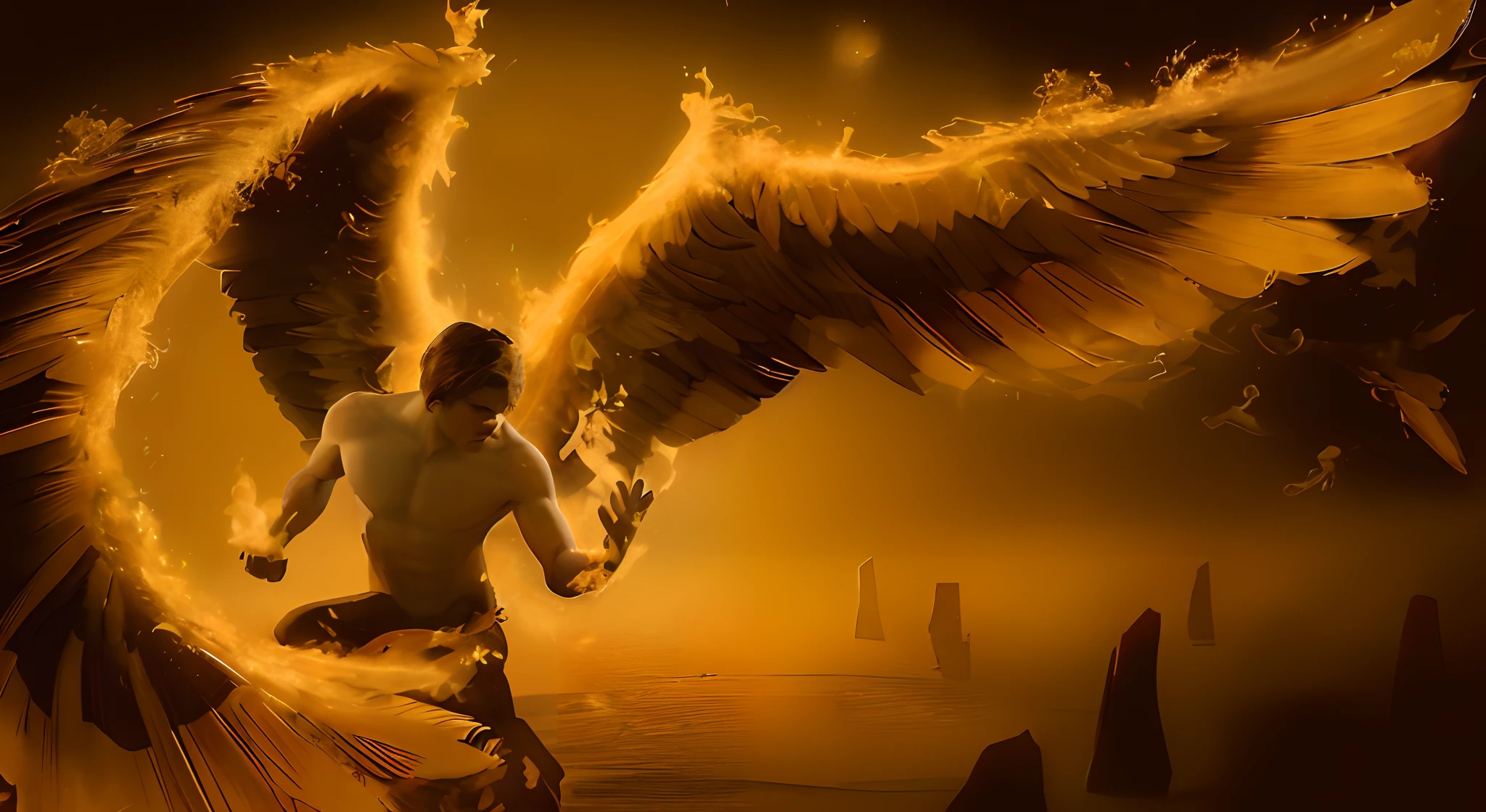 Homem com rosto detalhado com asas em chamas, Phoenix rising from the ashes, com asas douradas ardentes de chama, Anjo no inferno, Phoenix Rising, phoenix in fire, para compreender o inferno ou ir angelical, com asas douradas ardentes, para compreender o inferno ou voar angelical, asas em chamas, Spell of the Sacred Flame, Asas de Fogo, phoenix warrior, fire behind him, rosto detalhado, face detalhada.