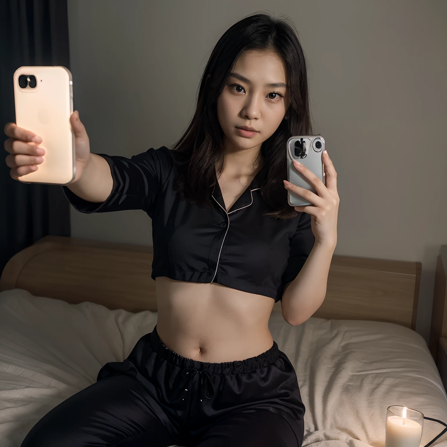 A asian girl laying in her bed taking a selfie in dark lighting , 2 7 years old, asian face, without makeup, 2 8 years old, she is facing the camera, a young asian woman, 2 9 years old, detailed face of a asian girl, 8k selfie photograph, 🤤 girl portrait, 20 years old woman, 2 0 years old woman, she is wearing black pajamas And the bedroom is lit with purple LED lights