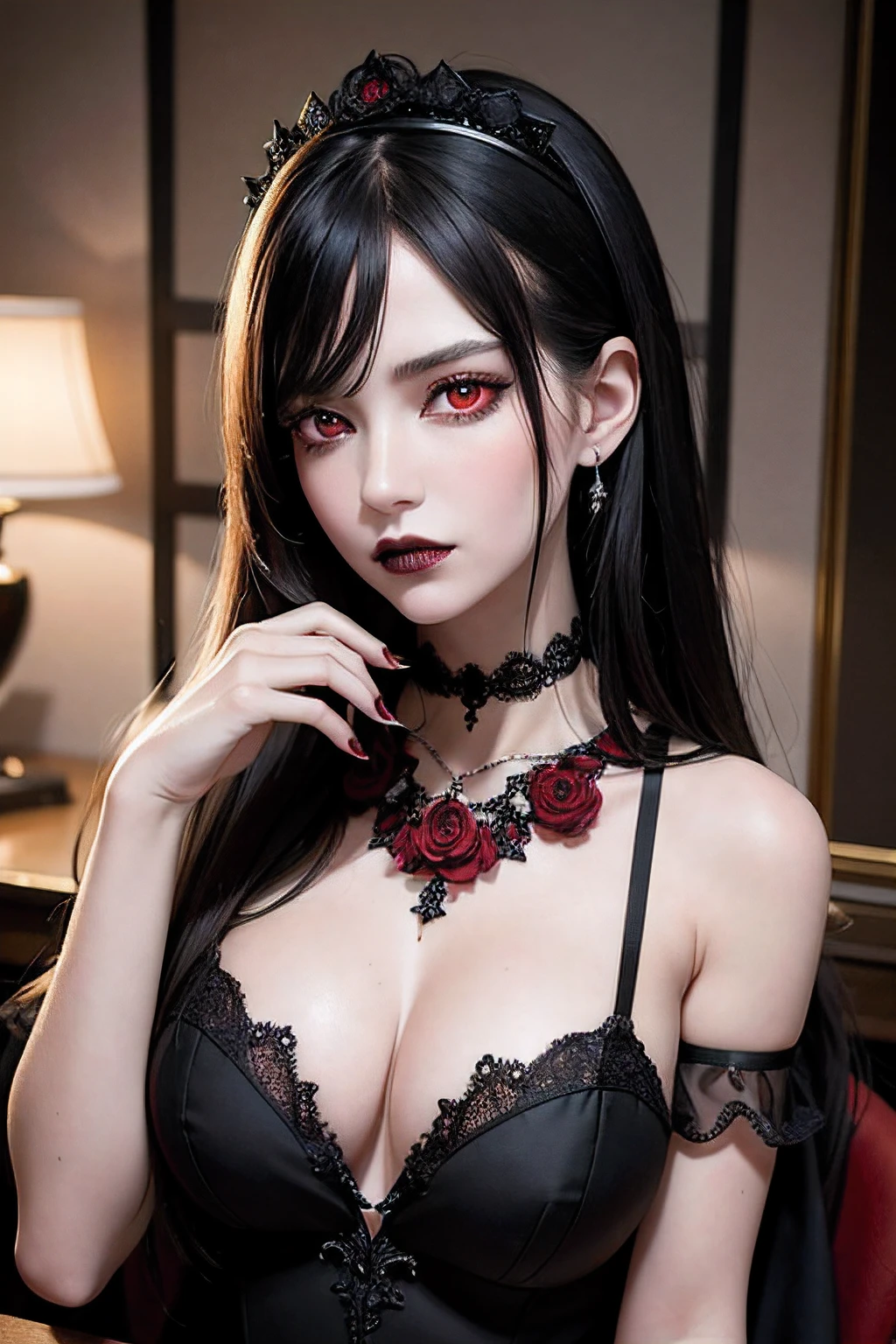 8k, masterpiece, best quality, photorealistic, raw photo, ultra high definition, 1 woman, (red eyes:1.4), long messy black hair, pale skin, very low cut sheer black gothic gown with lace trim, black lace choker with a diamond pendant, sitting on desk, sad look, head angled down, eyes looking at viewer, mouth open slightly, (black lipstick), holding a rose in her right hand