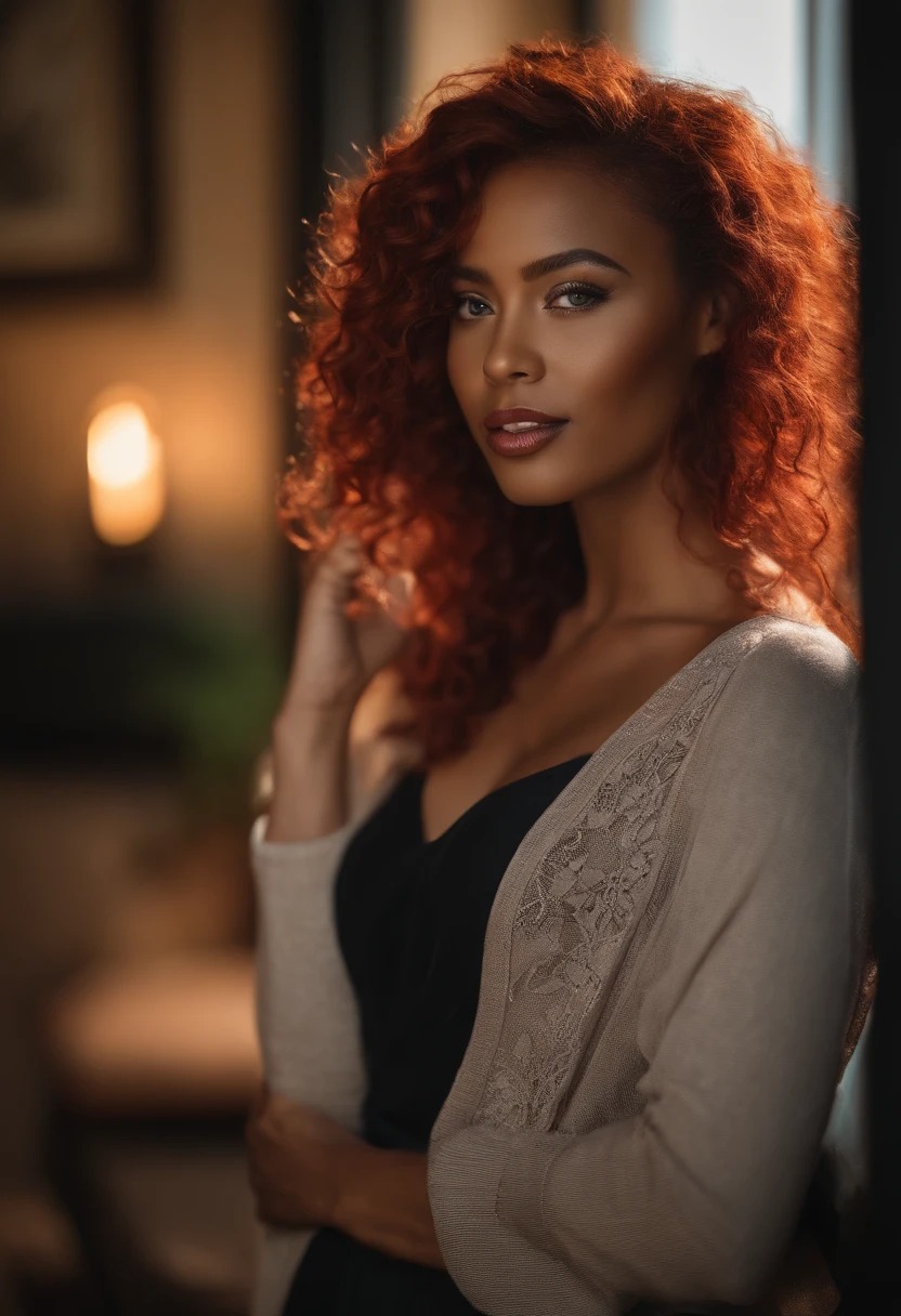 beautiful black and irish gorgeous instagram model, young 27 years old, caramel skin, vibrant red hair, blue and green eyes, gorgeous facial features, vibrant red body wave hair, black lingerie, radiant skin, soft lighting, diffused glow, most realistic, real quality, nikon d850, 85mm lens, high resolution
