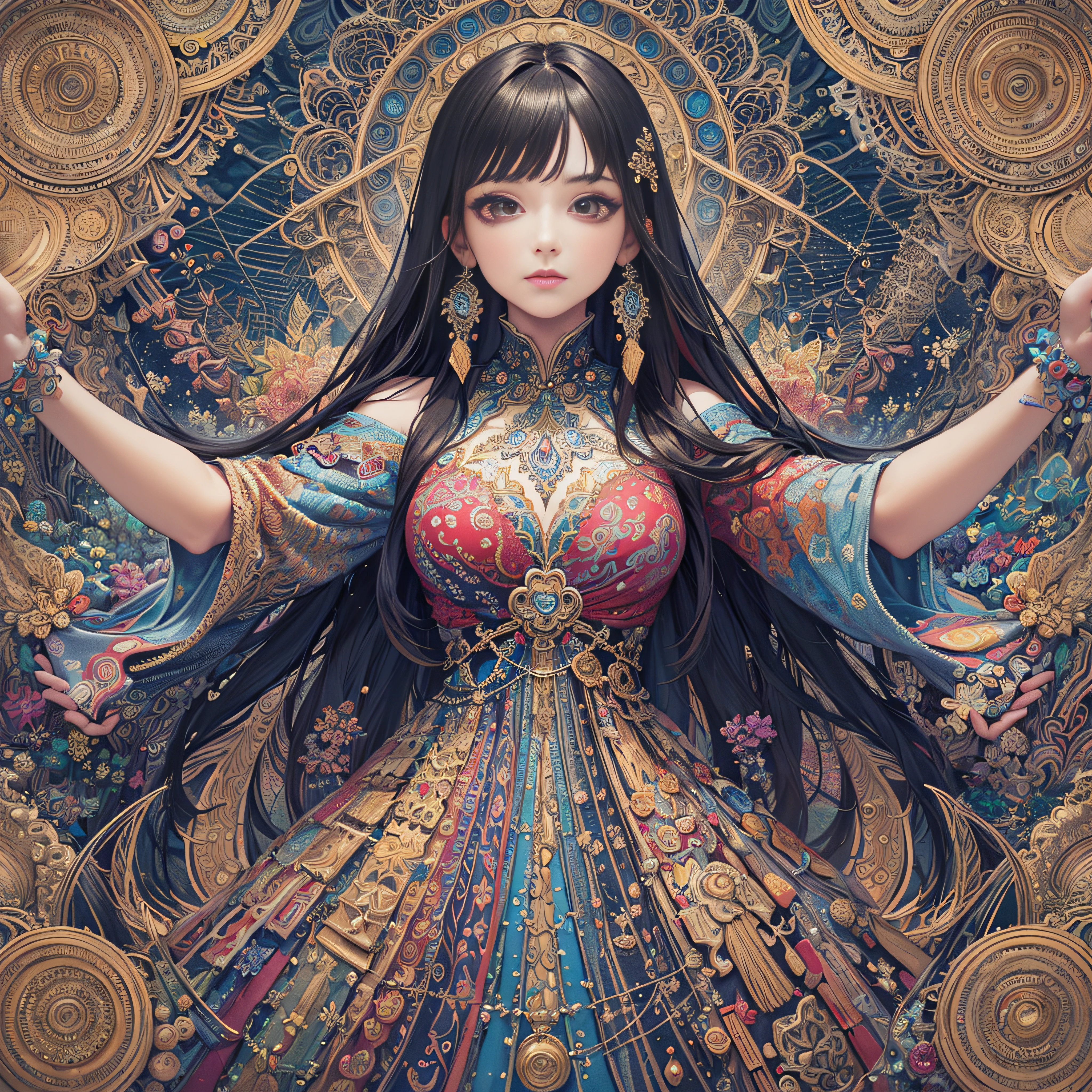 (masterpiece, top quality, best quality, official art, beautiful and aesthetic:1.2), (1girl:1.3), extremely detailed,(fractal art:1.2),colorful,highest detailed,(zentangle:1.2), (dynamic pose), (abstract background:1.5), (treditional dress:1.2), (shiny skin), (many colors:1.4), upper body